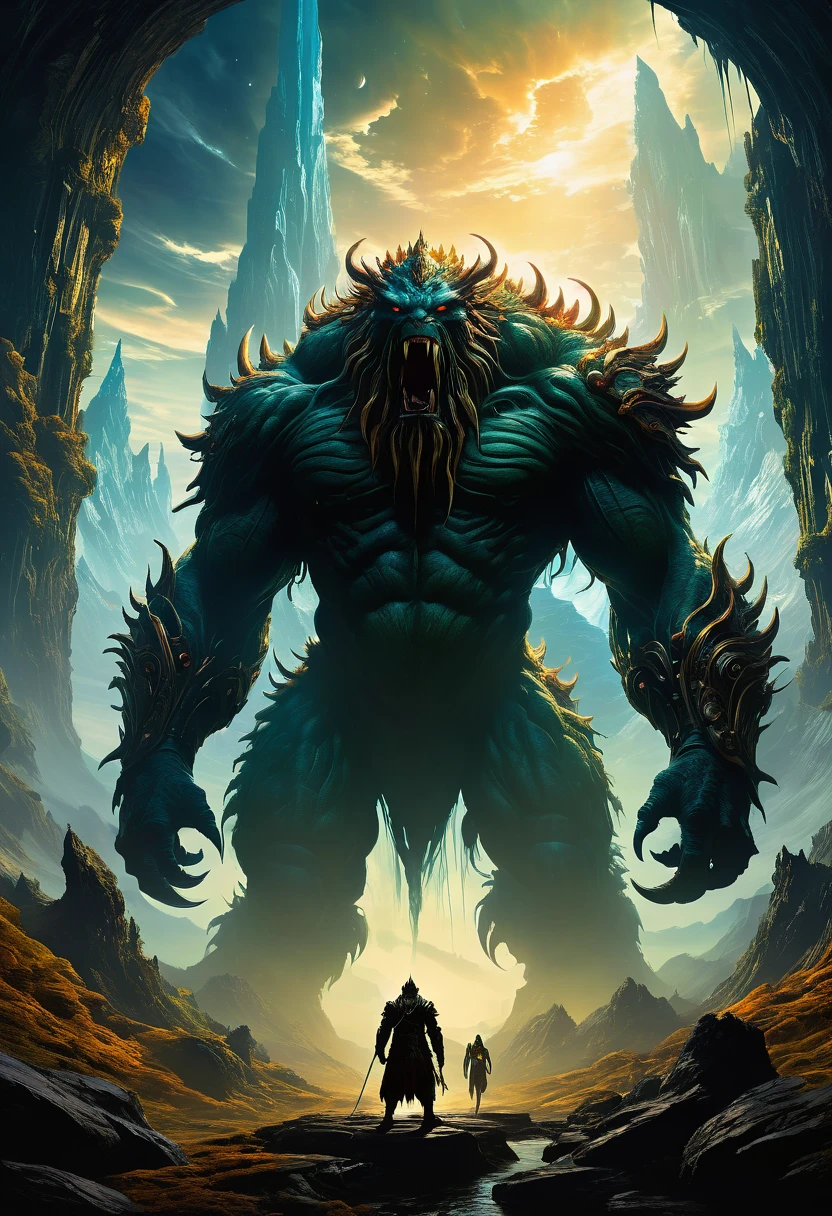 A man stands in front of a huge monster，Two people passed by，Elden Ring Monster，Latter-day monster，Big titan creature in the center，Giant Creature被雾气环绕包围，The feeling of looming，Inspired by Aleksi Briclot，giant fantasy creatures，fantasy and cosmic horror movies，director：Aleksi Briclot，High fantasy art poster，Contempt game