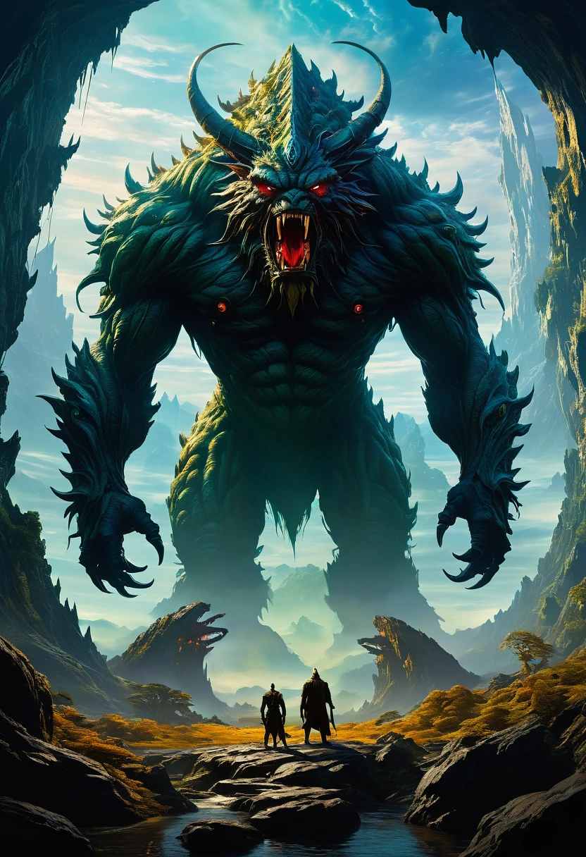 A man stands in front of a huge monster,Two people passed by,Elden Ring Monster,Latter-day monster,Big titan creature in the center,Giant Creature被雾气环绕包围,The feeling of looming,Inspired by Aleksi Briclot,giant fantasy creatures,fantasy and cosmic horror movies,director:Aleksi Briclot,High fantasy art poster,Contempt game
