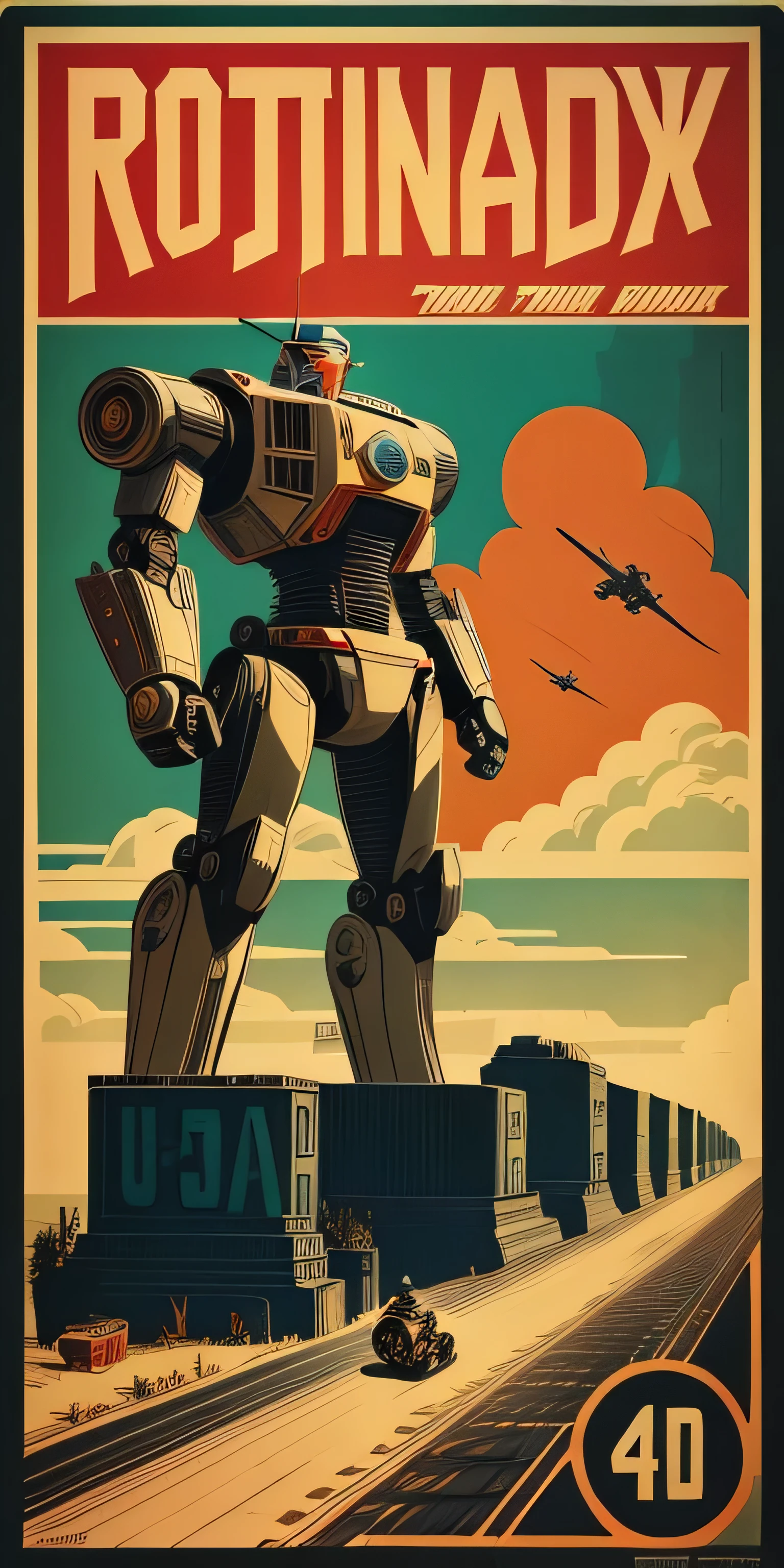 A highly detailed propaganda poster, robot on motor bike, pop art, art deco, vintage, typography, vintage paper, the rule of thirds, trending on artstation, UHD