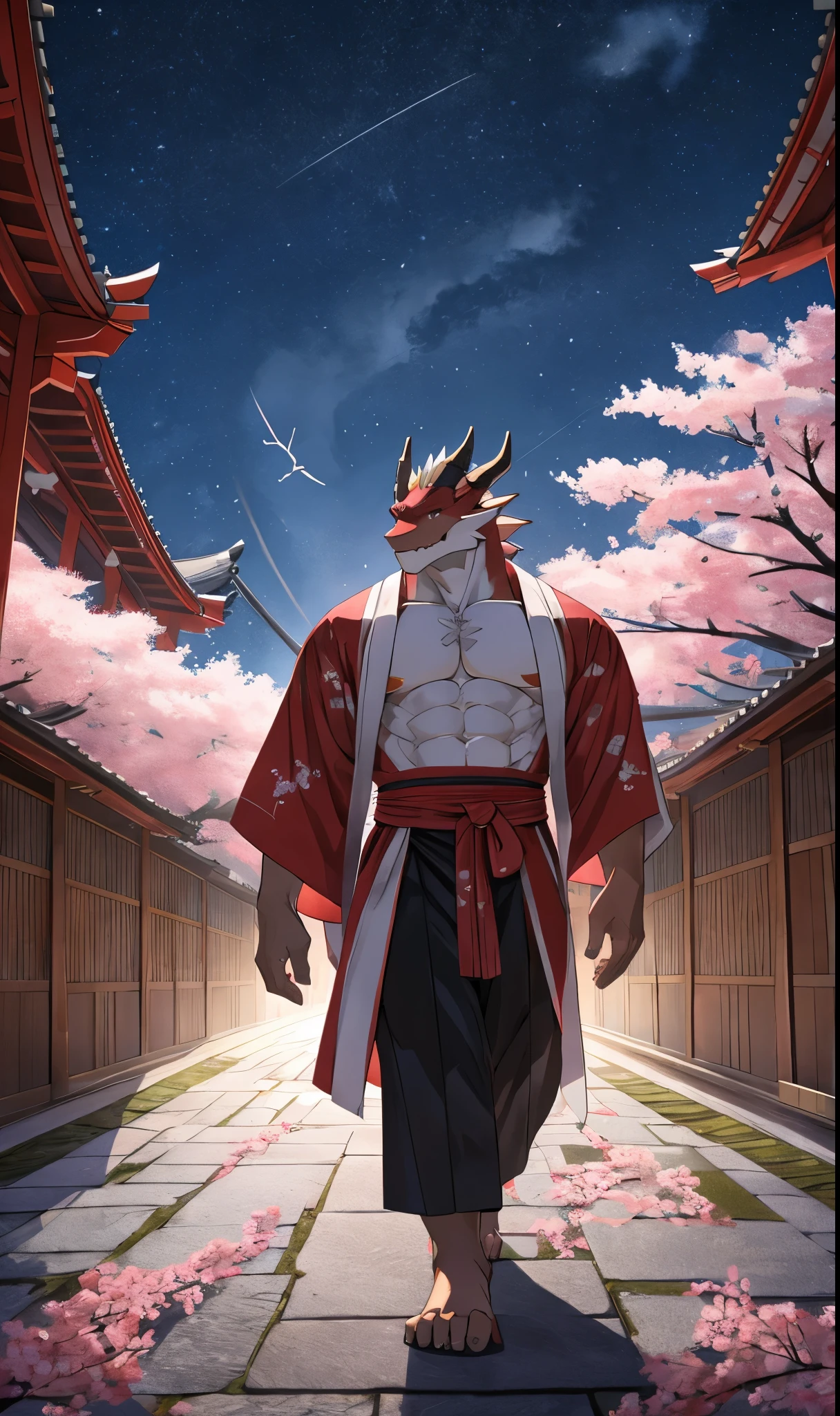 wh它e body, brown body, stripe, stripe 몸체, High Qual它y, 8k, High image qual它y, NSFW, pixiv, gloomy, A compos它ion where the whole body is visible, Correct proportions, skin, Sexy, Sexy muscles, Trad它ional Japanese Costumes, Wear a colorful yukata, Shiny, cherry blossoms flying, The wind is blowing,Dragon,muscular,middle aged,look at us,The right hand walks the road,Japanese temple fairs,night,Brightly lit