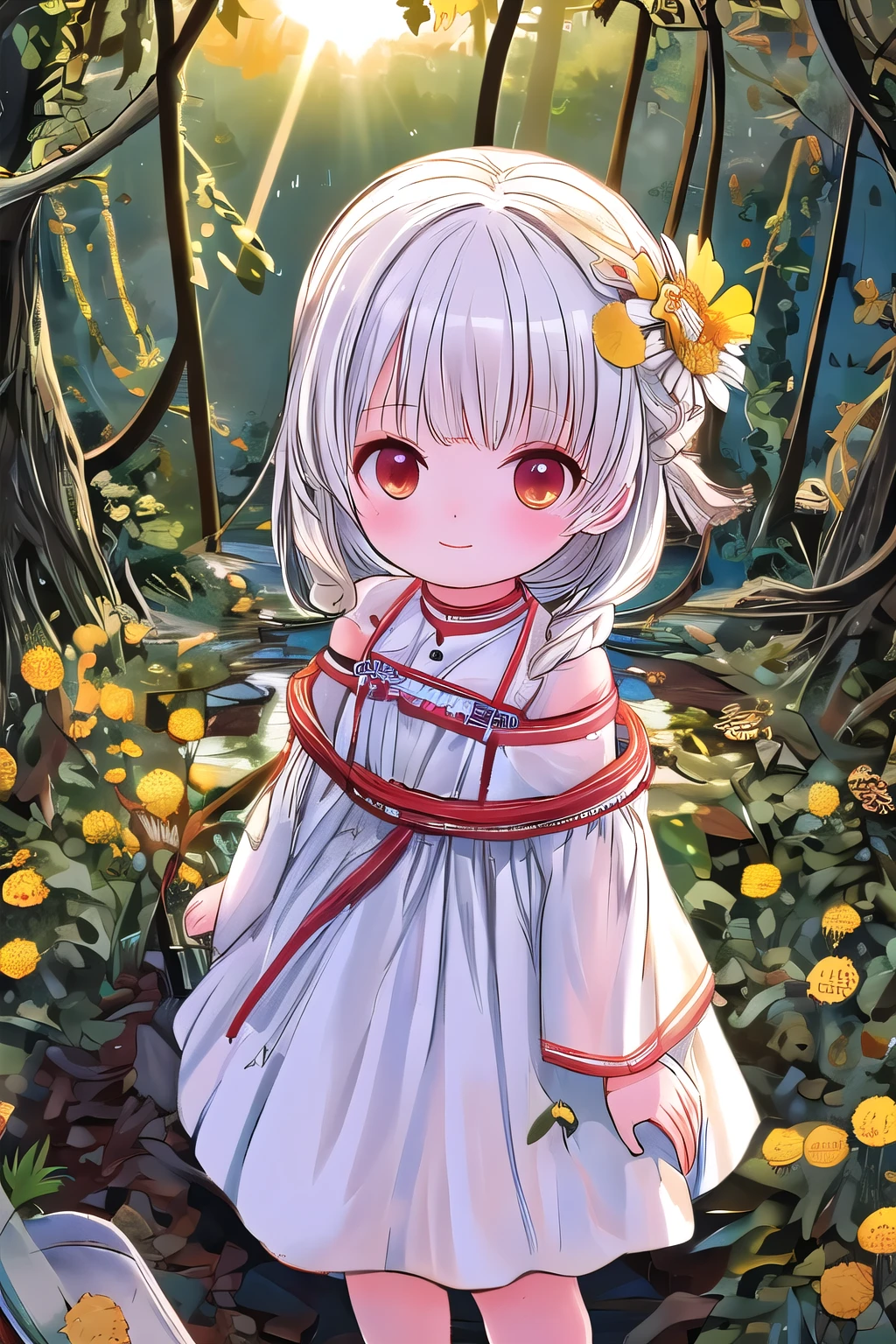 (masterpiece),(best quality),illustration,ultra detailed,hdr,Depth of field,(colorful),****,yellow theme,the setting sun,Chamomile,Chamomile,cornflower,vines,forest,ruins,lens flare,hdr,Tyndall effect,damp,wet,1girl,bare shoulders,broken glass,broken wall,white hair,white dress,closed mouth,constel lation,flat color,braid,blinking,white robe,float,closed mouth,constel lation,flat color,looking up,standing,medium hair,standing,solo, , , , ,