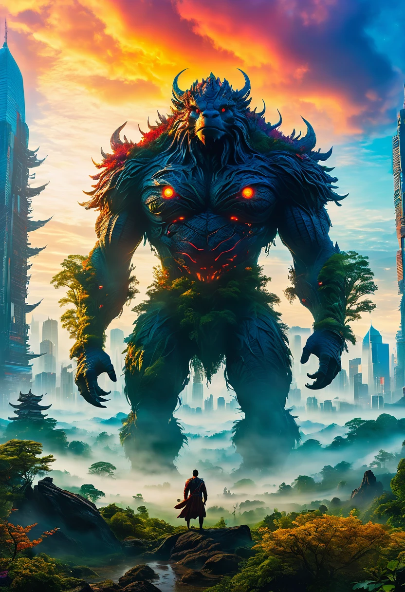 dawn,(Giant Creature with foggy fields and trees emerging from them),(Giant Creature在地平线上若隐若现,The body is completely surrounded by mist,Can't see the truth clearly),beyond city skylines,(Humans look so small in front of Giant Creature),(UHD, masterpiece, ccurate, anatomically correct, textured skin, high details, high quality, award winning, 8k), ((super high saturation, extremely bright and bright colors),whole body,ultra wide angle lens,