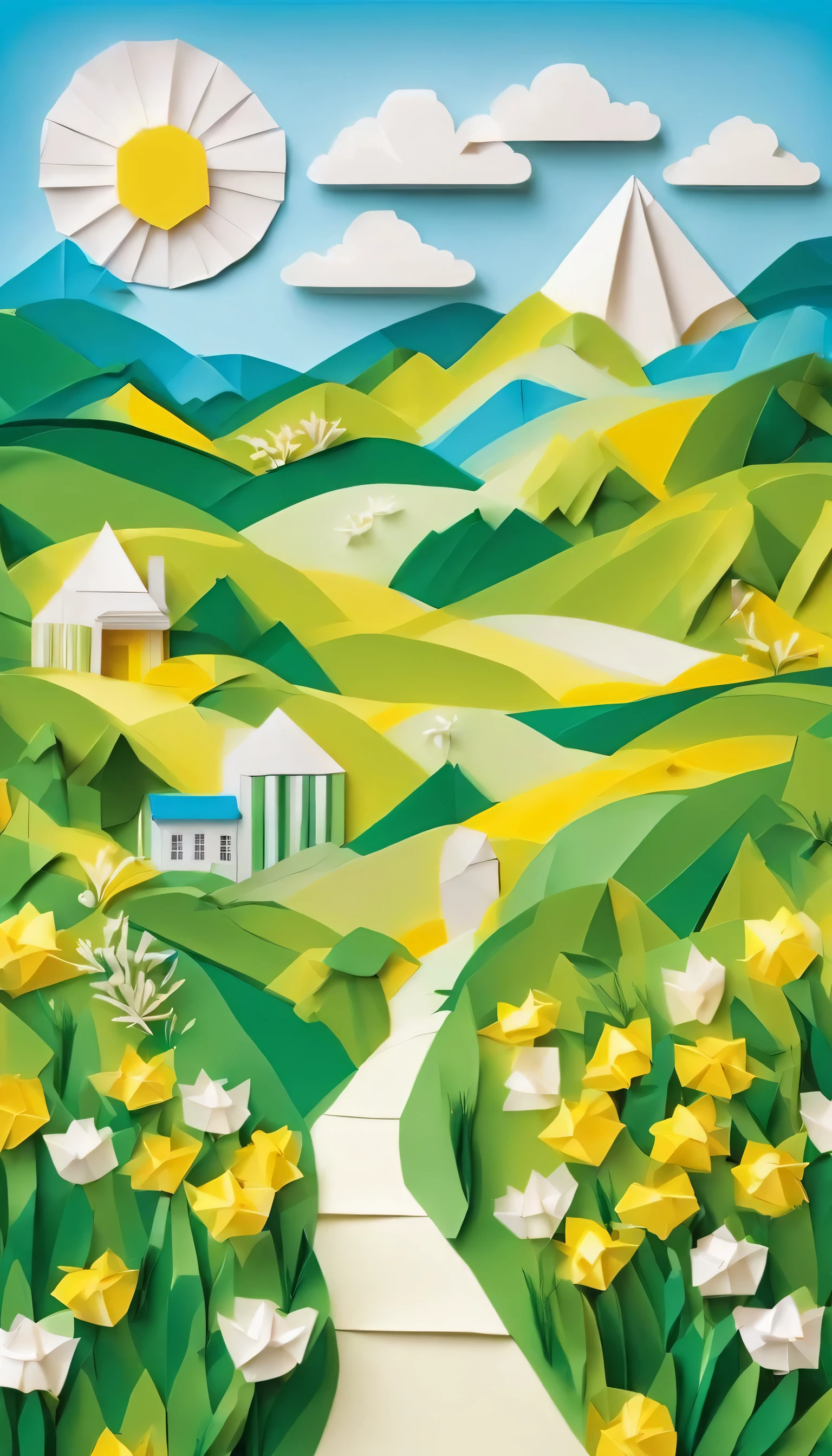 spring countryside, yellow green grassland, Blooming small yellow and white flowers, blue sky, distant mountains, Dotted with mills and small houses in the distance, ,Pixar, high detail, 8k