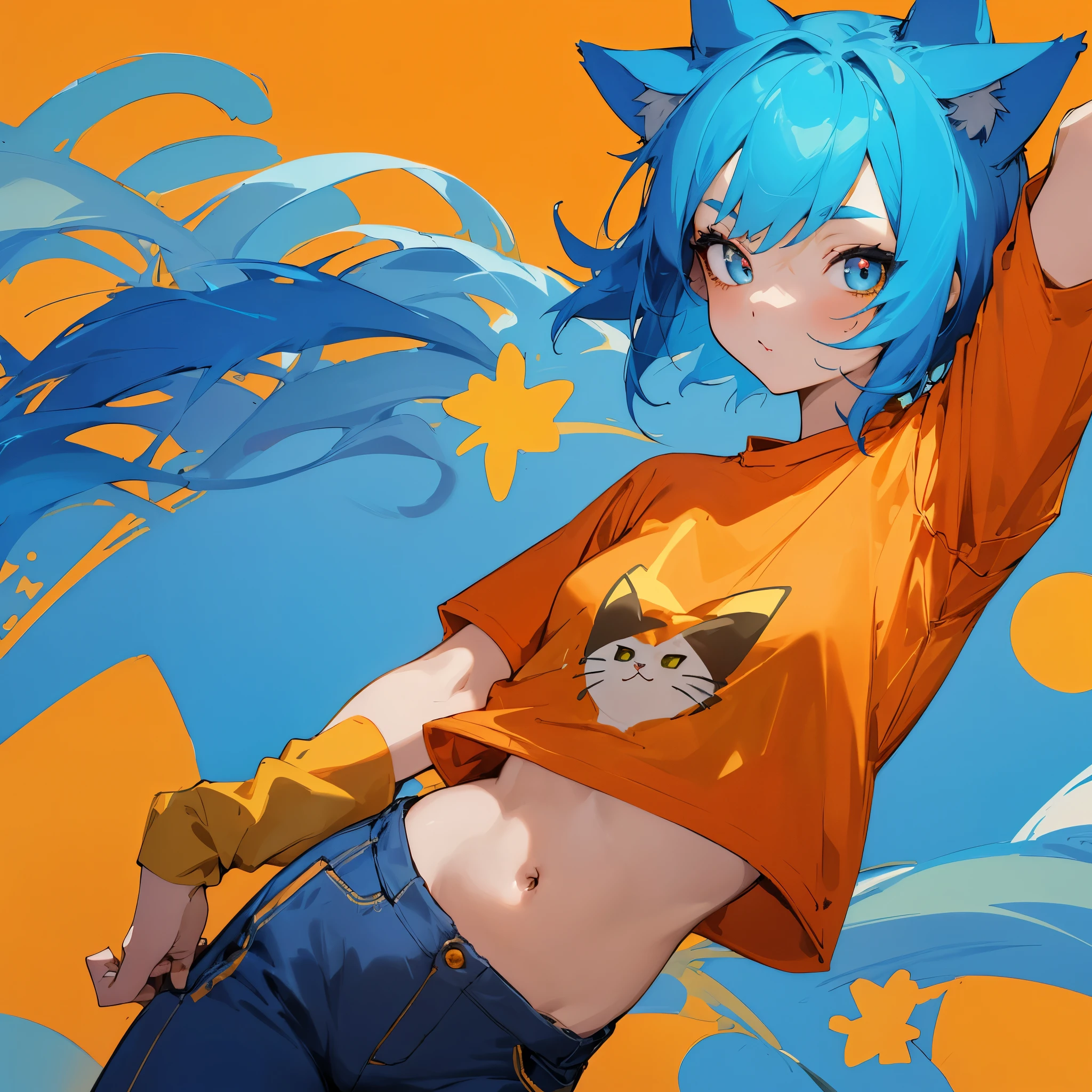 One adult girl with short, vibrant blue hair and captivating gold eyes, adorned with cat ears, casually dressed in an orange T-shirt and matching pants.