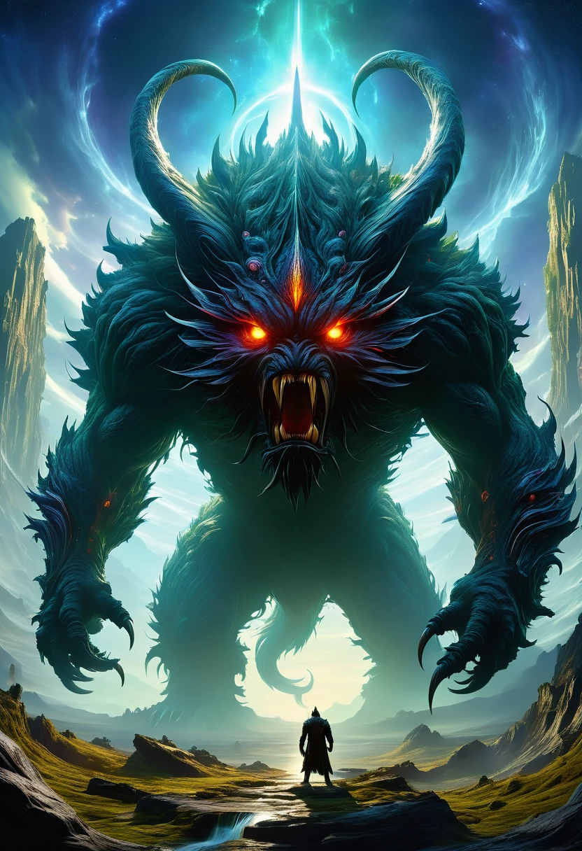 A man stands in front of a huge monster,Two people passed by,Elden Ring Monster,Latter-day monster,Big titan creature in the center,Giant Creature被雾气环绕包围,The feeling of looming,Inspired by Aleksi Briclot,giant fantasy creatures,fantasy and cosmic horror,director:Aleksi Briclot,High fantasy art poster,Contempt game