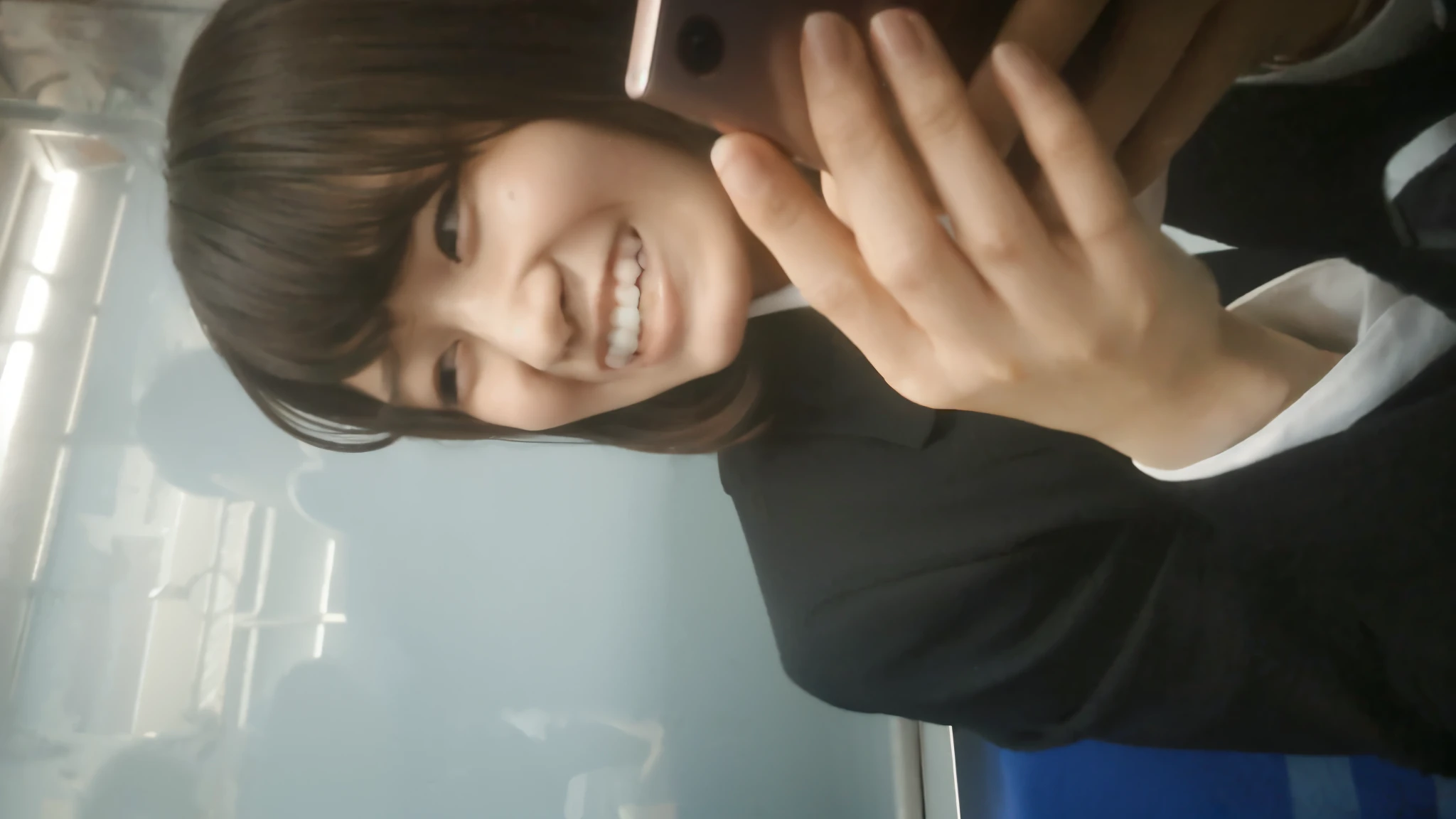 Smiling woman in a black suit holding a mobile phone to her ear, I&#39;m laughing, cute smile, slight cute smile, with a beautiful smile, very big smile, real anime girl, shy smile, very big smile, shy smile, cute smile, she is smiling and happy, selfie!!!!!, A big smile, a teasing smile, cute smile