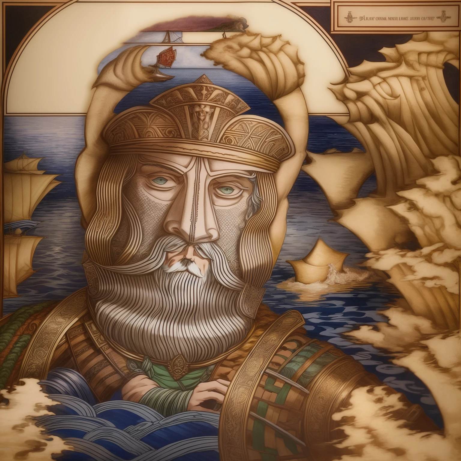 a painting of a man with a beard and a hat on a boat, as an atlantean, the emperor tarot card, the god of the sea, inspired by Ivan Bilibin, norse god, the god emperor of mankind, the god poseidon, by Ivan Bilibin, king of the sea, medieval old king, apollinaris vasnetsov