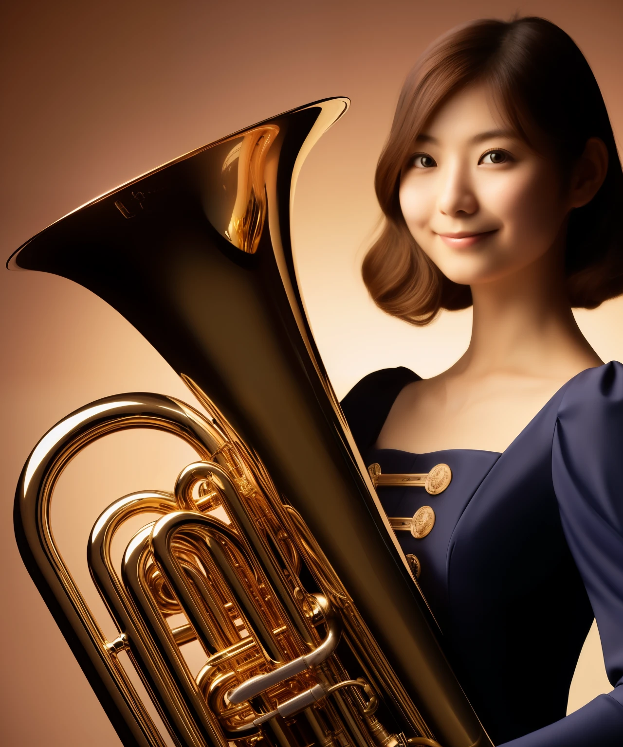 tuba player, Japanese female 22 years old, one person, chiaroscuro, surrealism, dark blue simple design dress, The background is a warm color gradation, That person is clear, detailed face, luxury musical instruments, smile