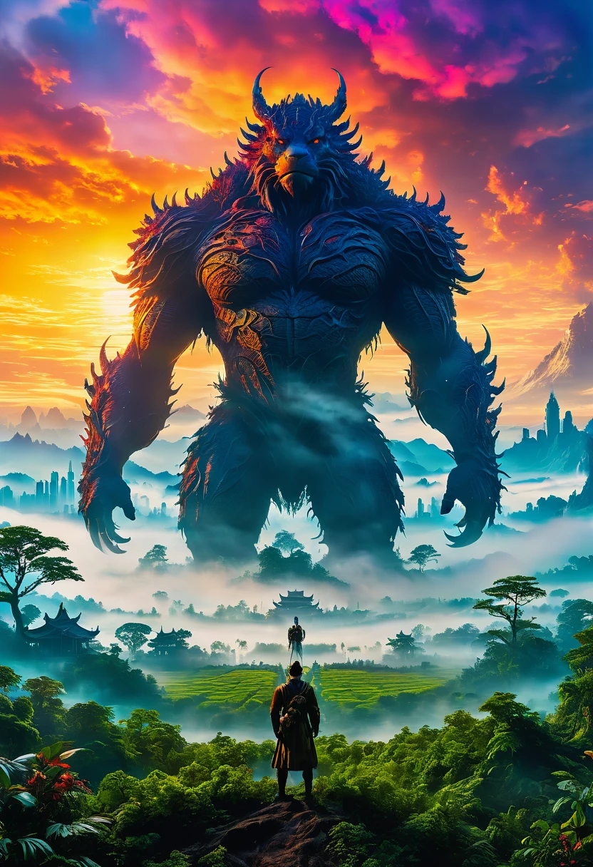 dawn，(Giant Creature with foggy fields and trees emerging from them)，(Giant Creature在地平线上若隐若现，The body is completely surrounded by mist，Can&#39;t see the truth clearly)，beyond city skylines，(Humans look so small in front of Giant Creature)，(UHD, masterpiece, ccurate, anatomically correct, textured skin, high details, high quality, award winning, 8k), ((super high saturation, extremely bright and bright colors)，whole body，ultra wide angle lens，