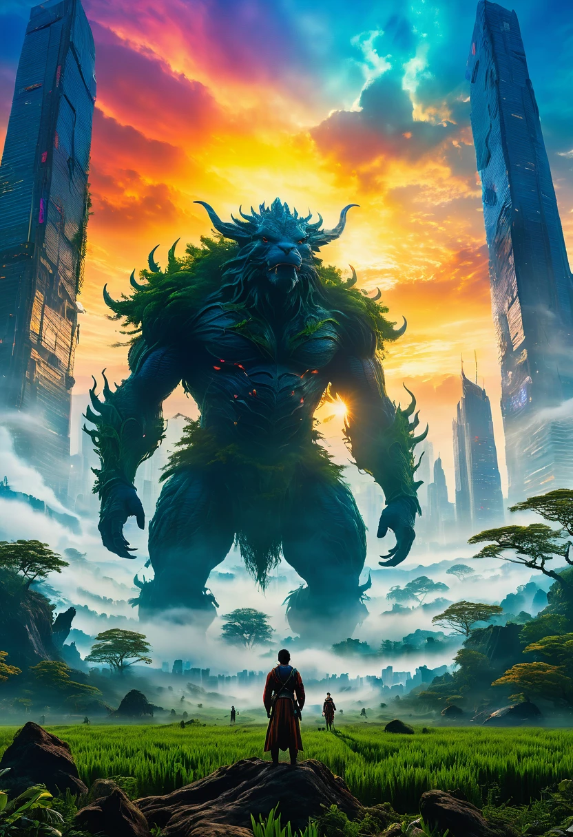 dawn,(Giant Creature with foggy fields and trees emerging from them),(Giant Creature在地平线上若隐若现,The body is completely surrounded by mist,Can't see the truth clearly),beyond city skylines,(Humans look so small in front of Giant Creature),(UHD, masterpiece, ccurate, anatomically correct, textured skin, high details, high quality, award winning, 8k), ((super high saturation, extremely bright and bright colors),whole body,ultra wide angle lens,