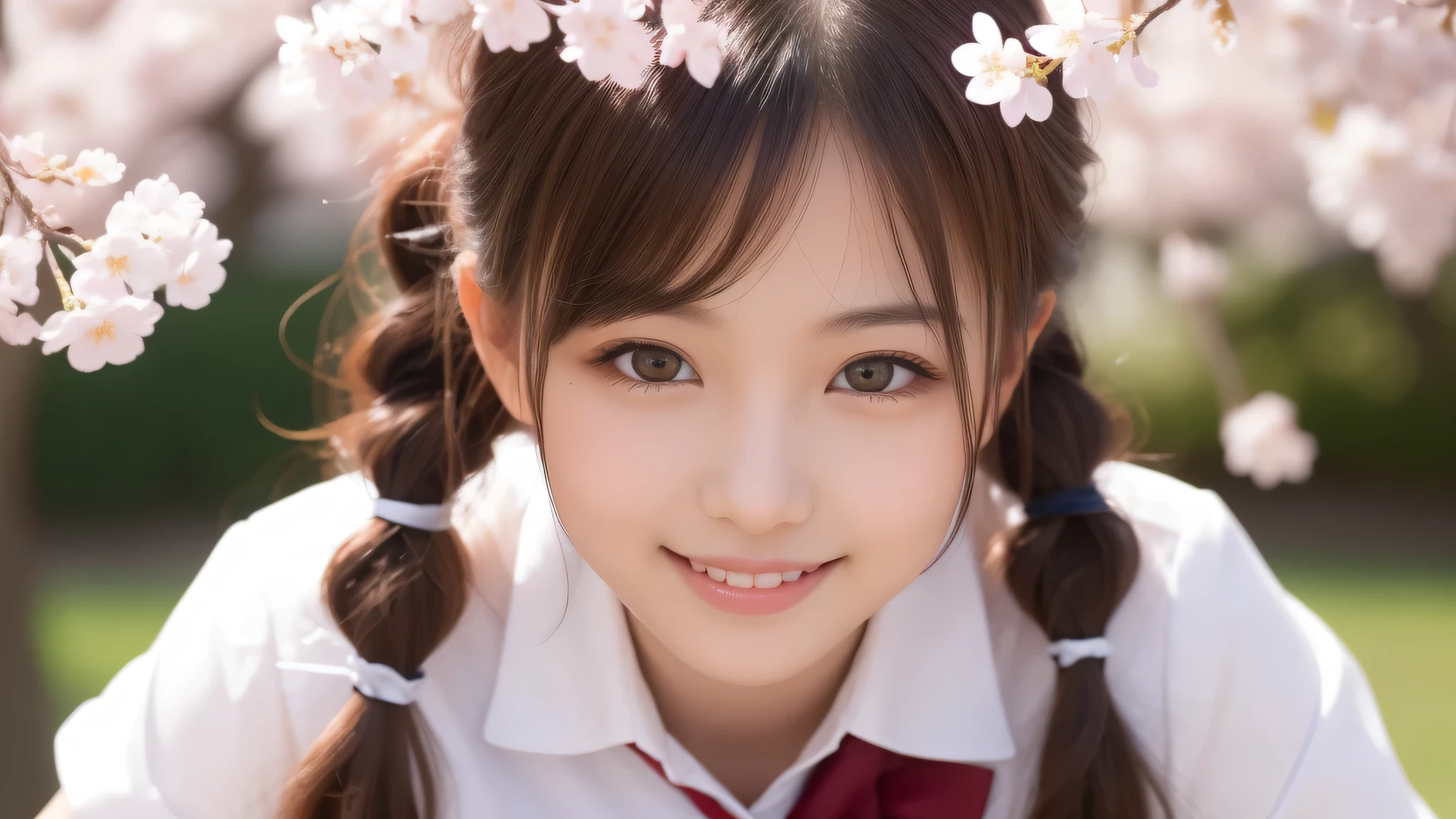 (1 girl), big round eyes, princess face, enchanting smile, One side twin tail, (school uniform, mini skirt:1.2), (highest quality: 1.4), (Super detailed), (highest quality:1.4), (super detailed), evening, very high resolution, (Upper body), close up face, cherry blossoms, 
