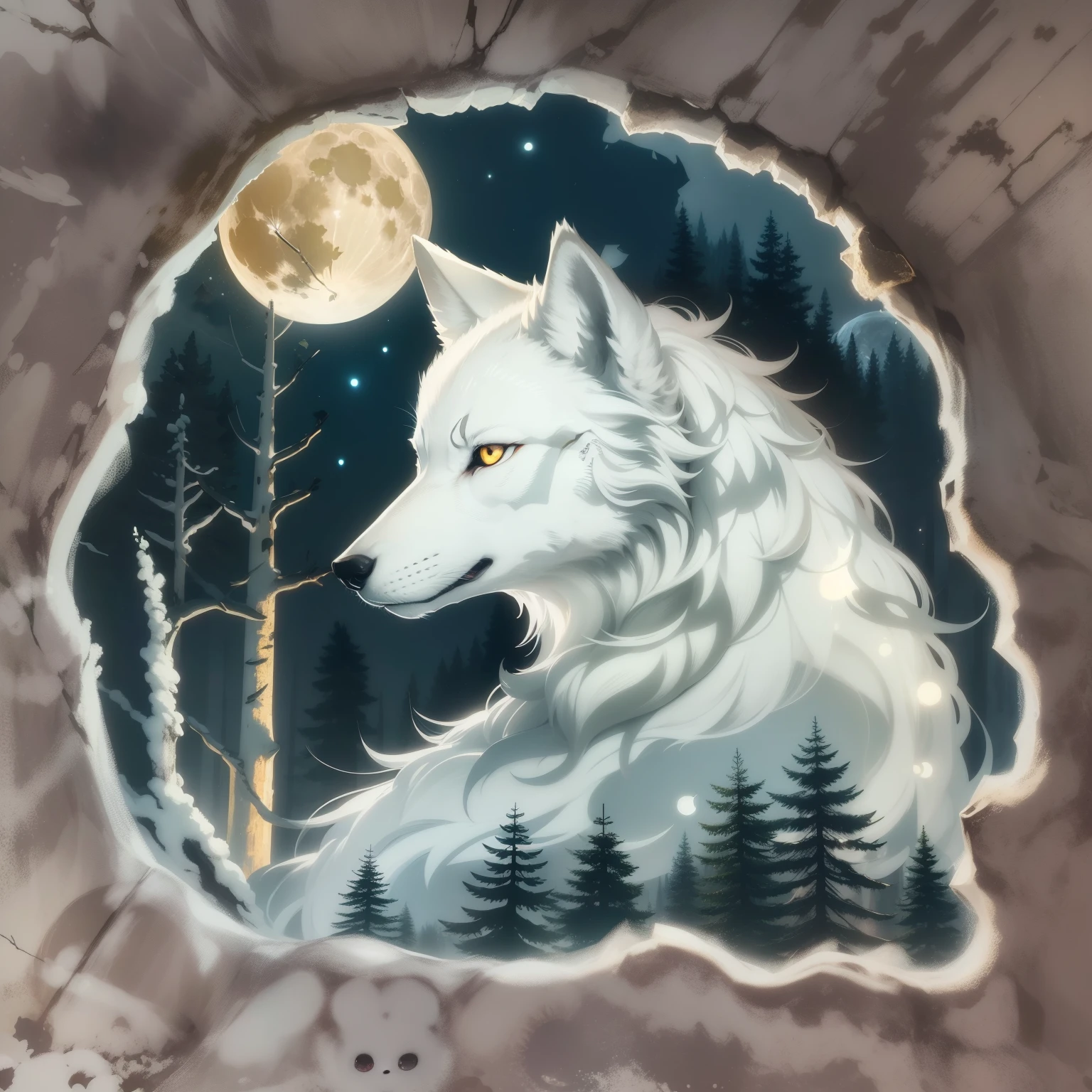 A cute white wolf sticker, golden eyes, a cute warrior , a full moon, a deep forest, and a mysterious image. It's night but it's bright