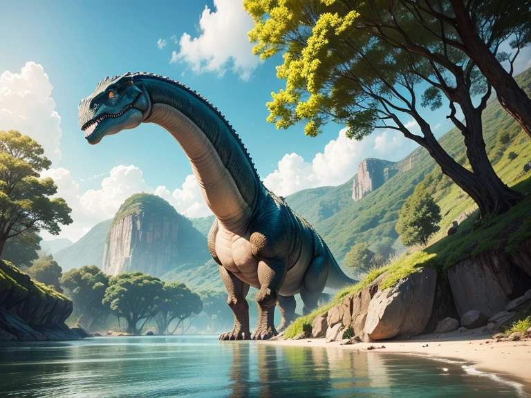 giant creature, ancient creatures, dinosaur, diplodocus, huge creature, living in its natural habitat, near a river
