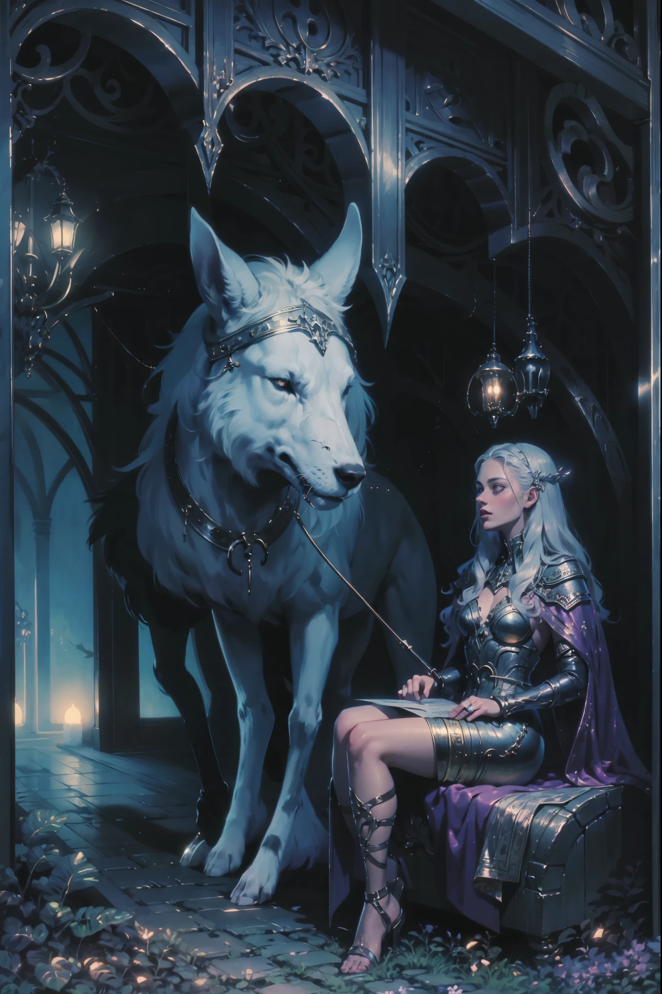 1990s \(Estilo\), retro artEstilo, (Toma de cuerpo completo), Hel from Norse mythology sitting in a dark, spooky forest talking to the spirit of animals.