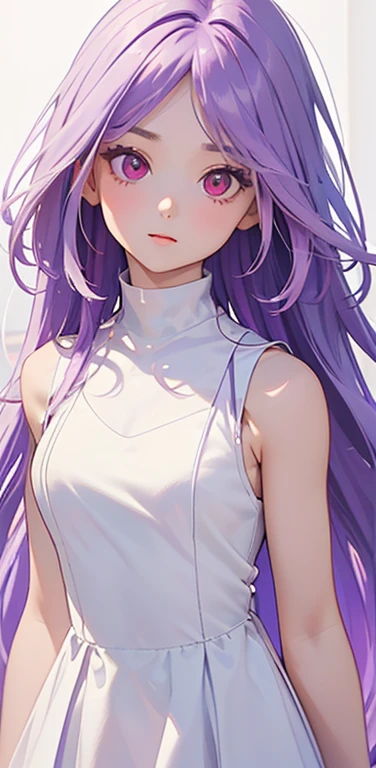 (8K、highest quality、masterpiece:1.2)、anime coloring、super resolution、Realistic、(1girl) 、(purple gradient hair)、long straight hair,(red eyes)、(forehead:1.2),(face focus,upper body),(white sleeveless dress :1.5)、(clear face:1.3),(cute face)、,small breasts,colorful gradient background