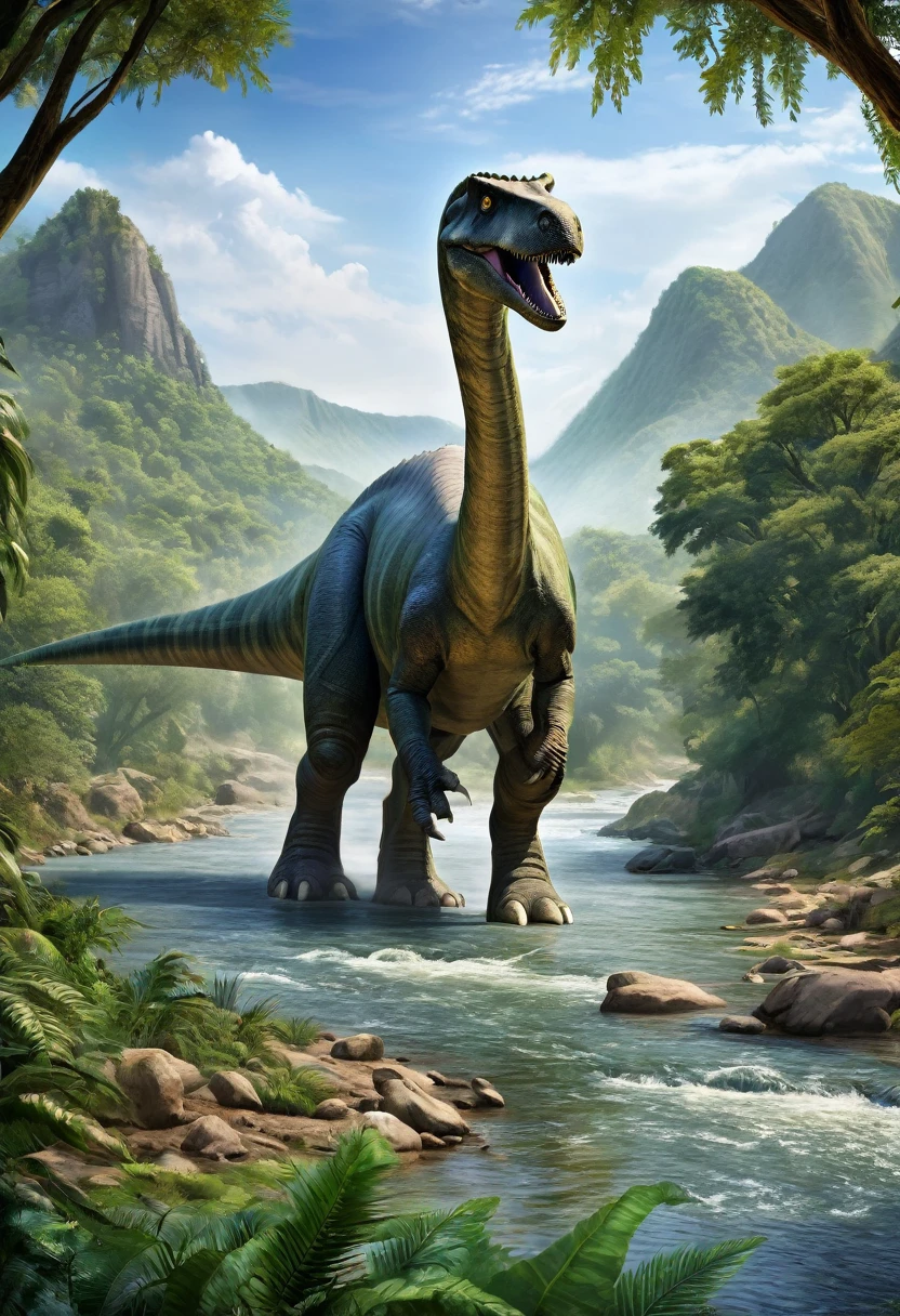 giant creature, ancient creatures, dinosaur, diplodocus, huge creature, living in its natural habitat, near a river, very detailed scene