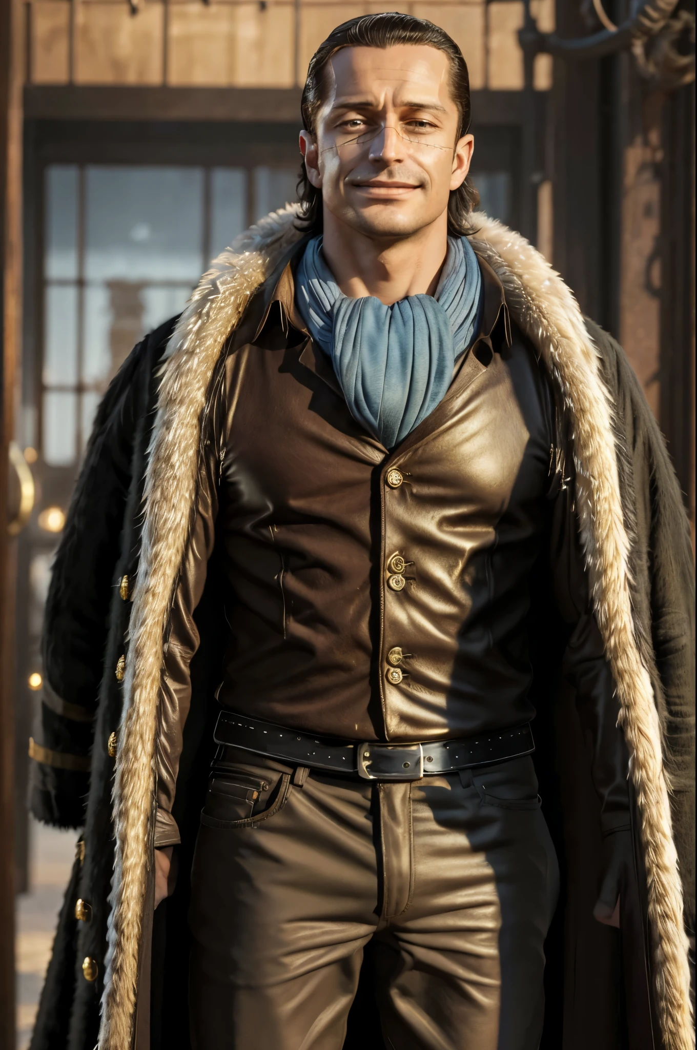 masterpiece, best quality, extremely detailed, hyperrealistic, photorealistic, a cool 40s man, ultra detailed face:1.2, fur-trimmed coat, scarf around the neck, his left hand is a golden pirate hook:1.1, iron prison, sly smile
