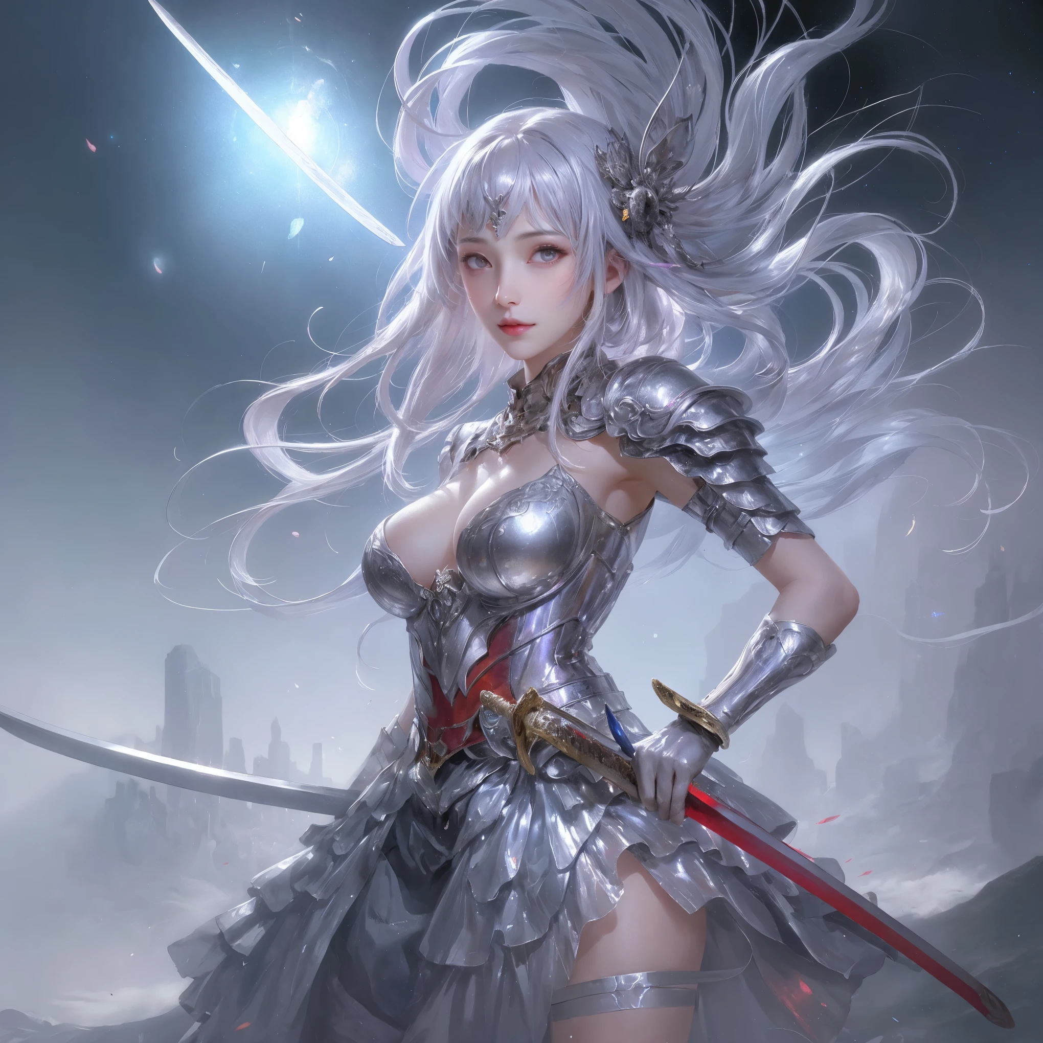 masterpiece, cute, anime, Moe, beautiful, very beautiful,
1 girl, alone, Are standing, (with a sword:1.5), Front view, looking at the viewer, from below, close,
silver hair, straight hair, long hair, dull bangs, red eyes, Decided, Severe,
big breasts, Paladin, armor dress,
scenery, Mountain, fantasy, midnight, night sky, shine, particles of light, shine光, bloom, ambient occlusion,
最high quality, extremely high quality, high quality, 超high quality