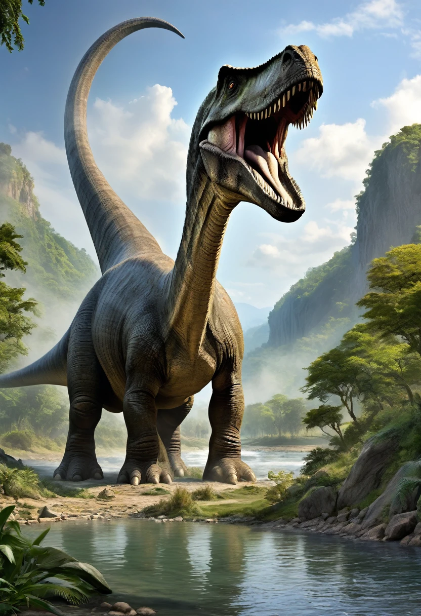giant creature, ancient creatures, dinosaur, diplodocus, huge creature, living in its natural habitat, near a river, highly detailed scene, caveman to see the imposing size of the diplodocus