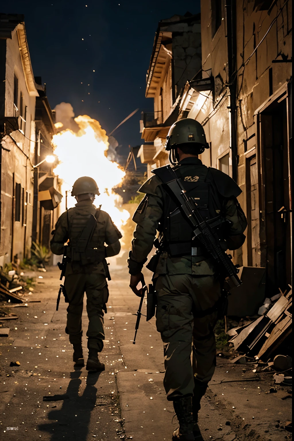 Soldiers in full military uniform, armor, quiver, helmet and Kalashnikov rifle, walking at night inside a destroyed ancient city, under the moonlight and the sky illuminated by flares, the lighting is warm, sparks of fire around them, a high-resolution image with clear and precise details, the scene shows the soldiers from behind and their faces are not shown.