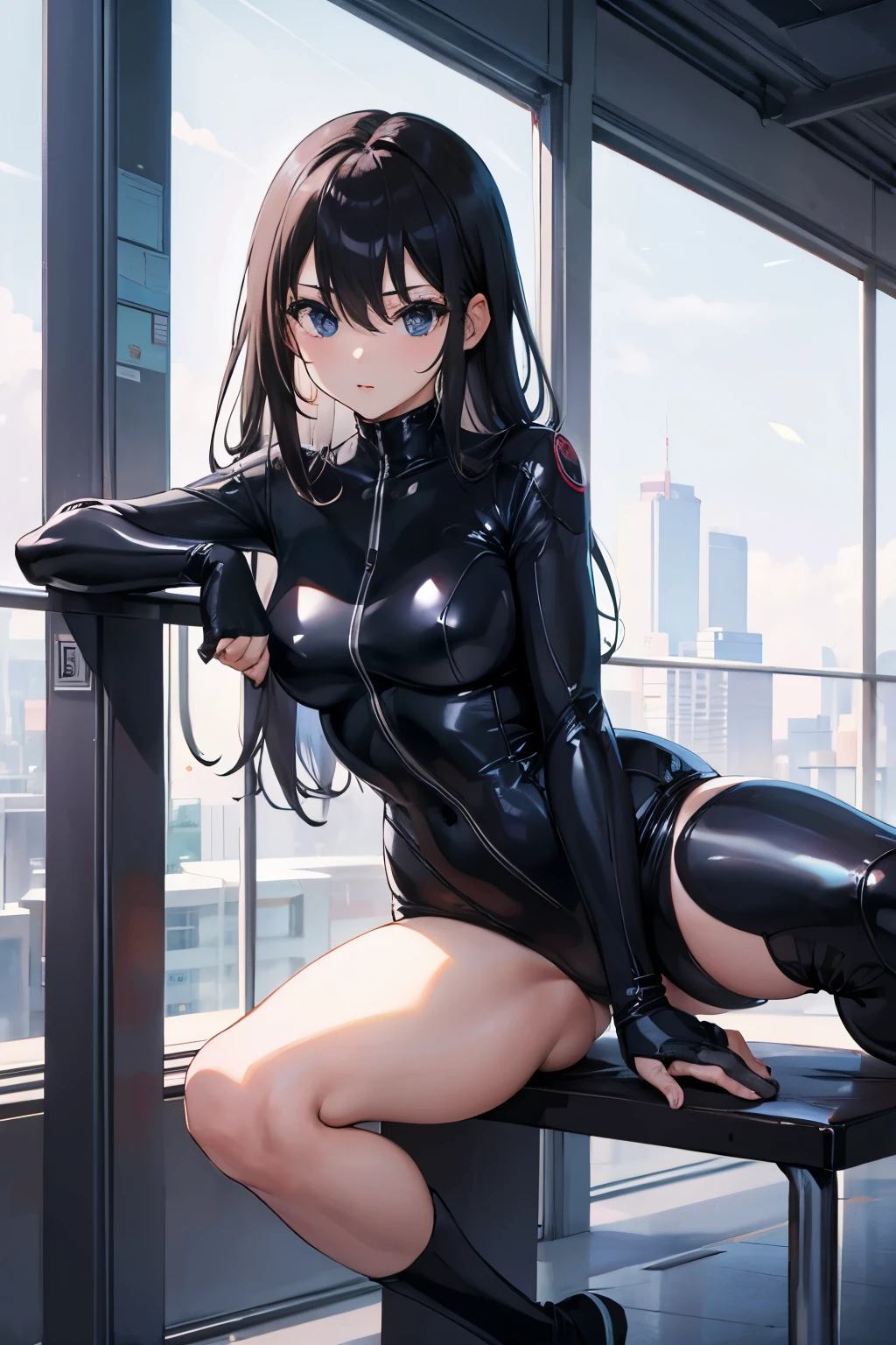 rubber suit、Beauty、sit、open your legs wide、stand on one leg