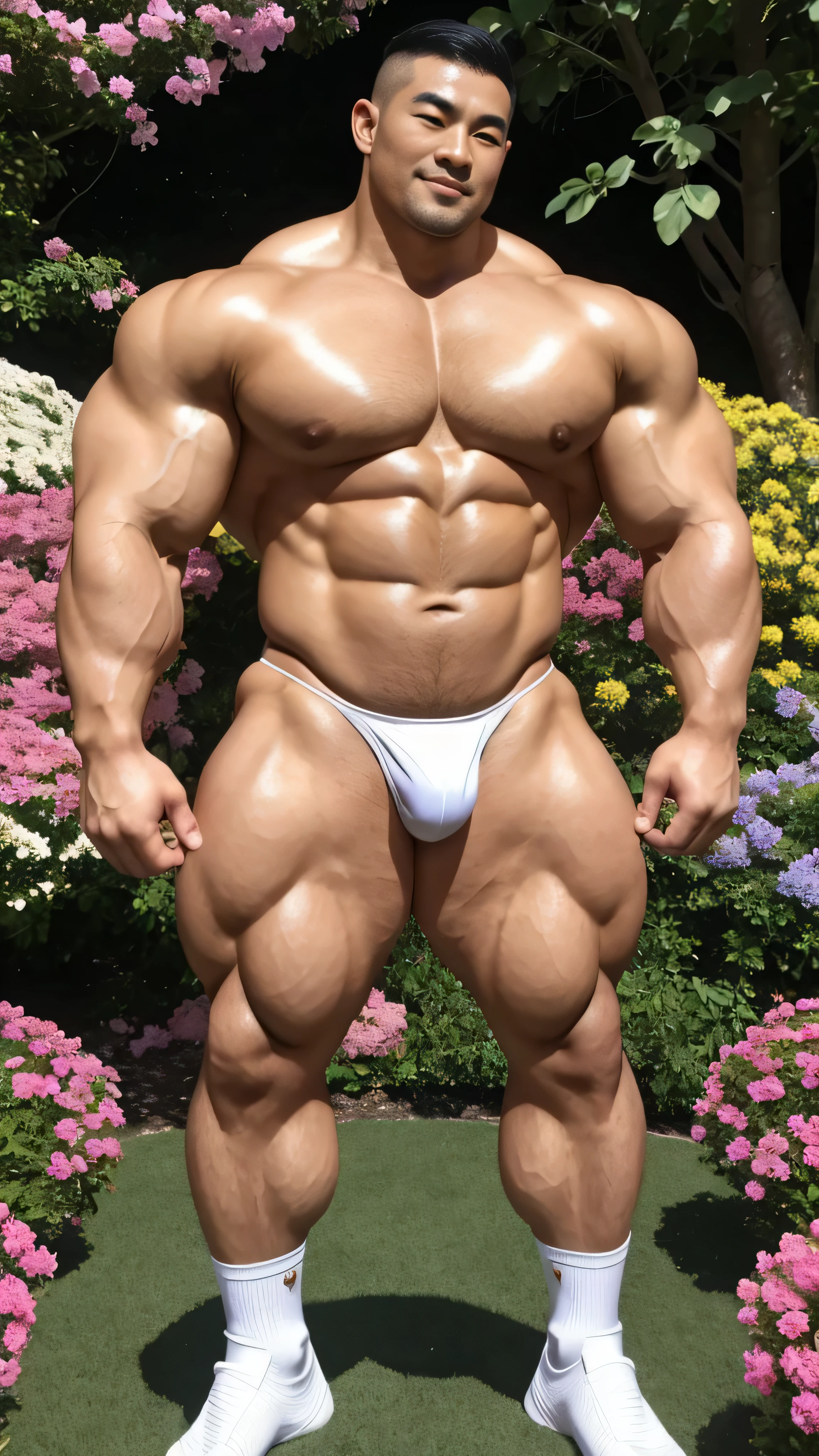 a chinese bodybuilder，30 years old，Tall and handsome, toned body，short hair, O-shaped beard，Perfect body, Dark and shiny complexion，Smooth skin，The body is hairless，Muscle bulge, muscular, Very big pecs，Very sexy abs，Leg muscles are very developed，Huge bumpy area，Brighten oily skin，Wearing a gold leather shiny thong，handsome face， Correct and accurate male body proportions, full-body shot, shiny muscular skin，wear white socks，standing among flowers，Surrounded by colorful flowers。