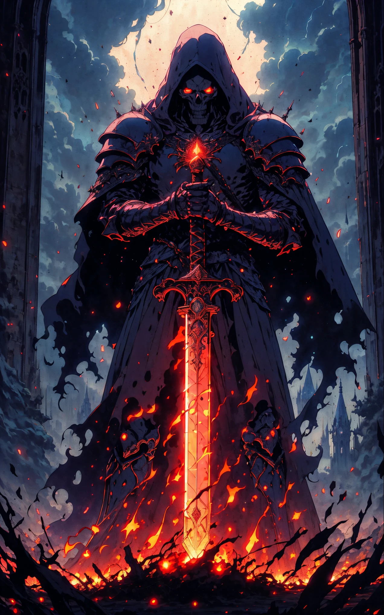 A skeleton knight holding a sword in a castle, Symbolism, retro anime, textured (best quality, ultra-detailed, realistic:1.37), vibrant colors, dramatic lighting, moody atmosphere, towering gothic architecture, swirling mist, intricate engravings, weathered stone walls, mystical aura, intense gaze, epic battle scene, mystical runes, glowing eyes, haunting shadows, ethereal glow, ancient tapestries, mysterious symbols, dark and foreboding skies, dramatic perspective, hero's stance, cinematic composition, dynamic motion, sword glinting, thunderous storm, hauntingly beautiful, enchanted atmosphere, surreal elements, mystical creatures, otherworldly presence.