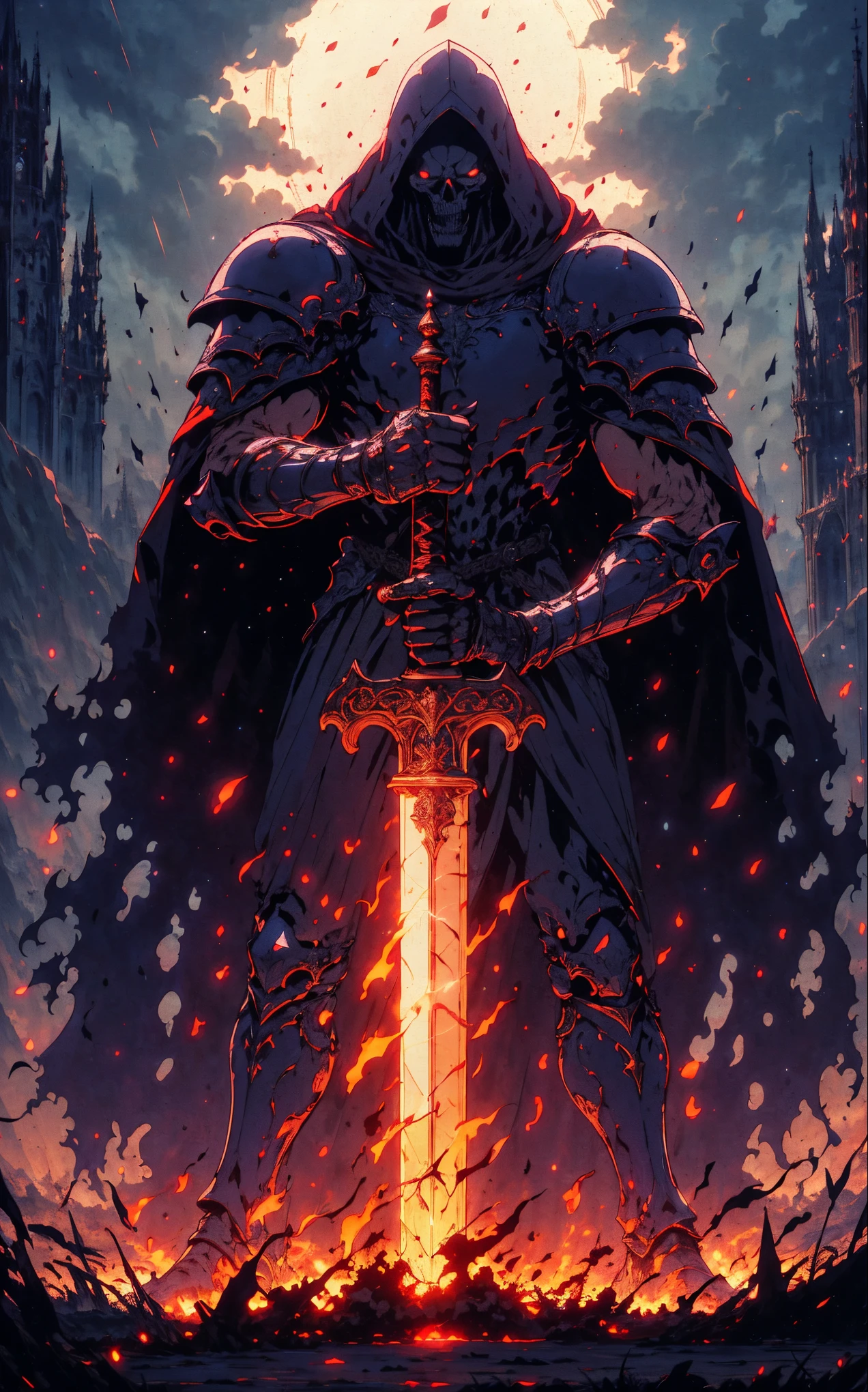 A skeleton knight holding a sword in a castle, Symbolism, retro anime, textured (best quality, ultra-detailed, realistic:1.37), vibrant colors, dramatic lighting, moody atmosphere, towering gothic architecture, swirling mist, intricate engravings, weathered stone walls, mystical aura, intense gaze, epic battle scene, mystical runes, glowing eyes, haunting shadows, ethereal glow, ancient tapestries, mysterious symbols, dark and foreboding skies, dramatic perspective, hero's stance, cinematic composition, dynamic motion, sword glinting, thunderous storm, hauntingly beautiful, enchanted atmosphere, surreal elements, mystical creatures, otherworldly presence.