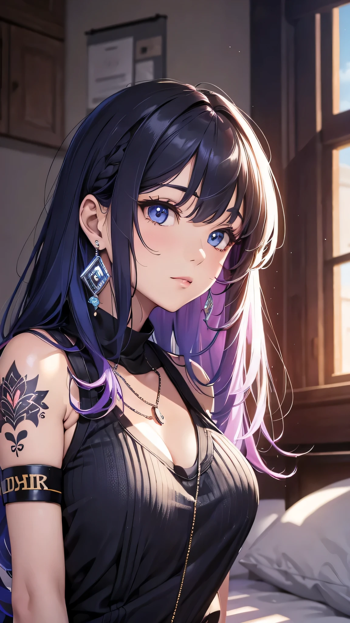 最high quality、best image quality、masterpiece、girl((20-year-old、 By becoming、vest bust、medium bust,wide open breast tea、shining eyes, neon hair、long hair、thin,highest valley、black tank top、blue pants、full body tattoo,diamond earrings、Wristband、necklace,sleep in bed,lie)),high quality、beautiful art、background((Beautiful hotel room))、Flight、debris flies、Depth of written boundary、movie、visual art、perfect art、8k,genuine、Top-down perspective