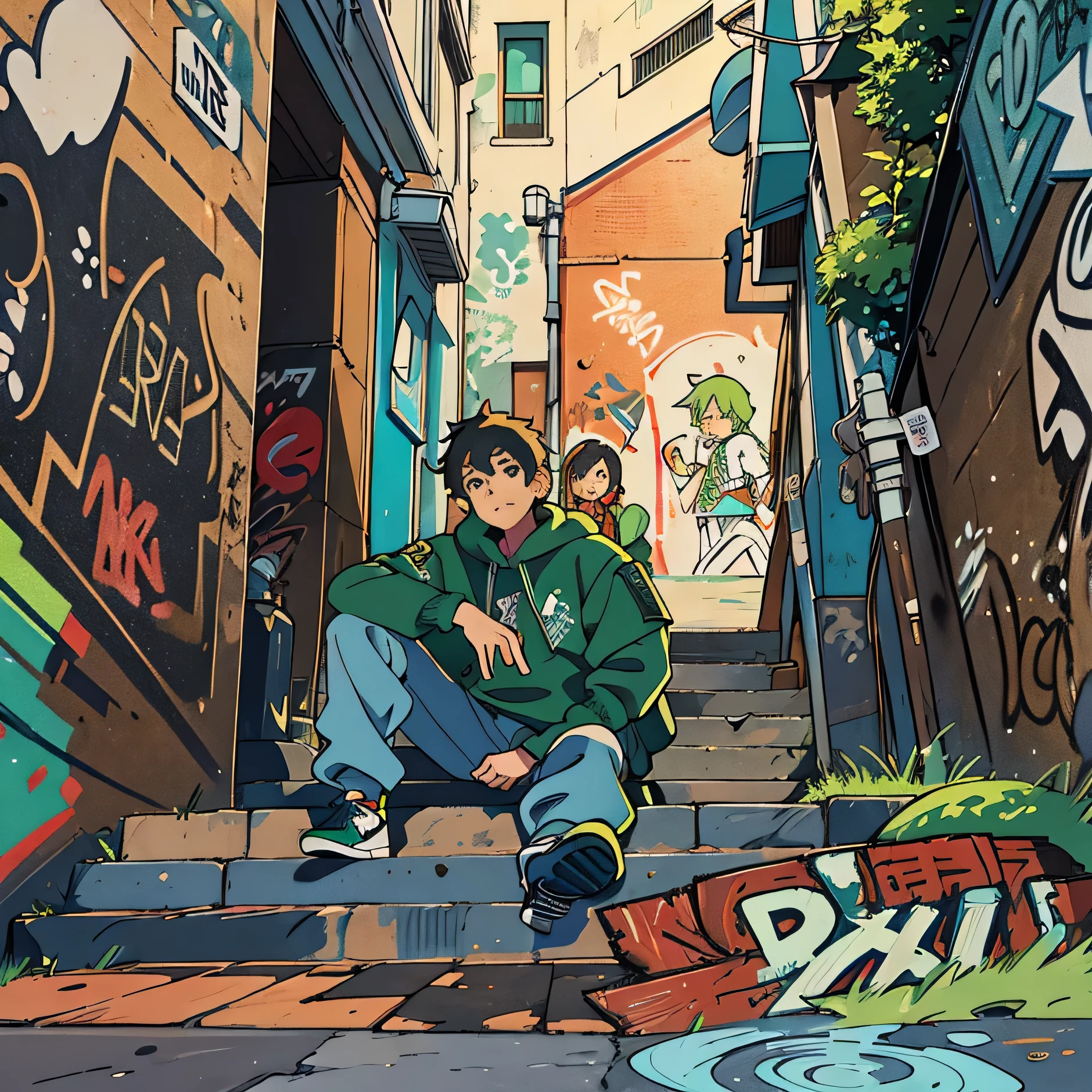 arafed man sitting on a set of stairs with graffiti on the walls, graffiti in the background, in an alley, green alleys, standing in an alleyway, taken in 2 0 2 0, clothed in ancient street wear, graffiti in background, street art:2, green alley, posing in an urban street, !! low contrast!!