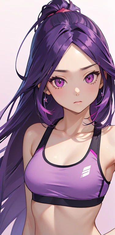 (8K、highest quality、masterpiece:1.2)、anime coloring、super resolution、Realistic、(1girl) 、(purple gradient hair)、long straight hair,(red eyes)、(forehead:1.2),(face focus,upper body),(sports bra,spats,)、(clear face:1.3),(cute face)、,small breasts,colorful gradient background