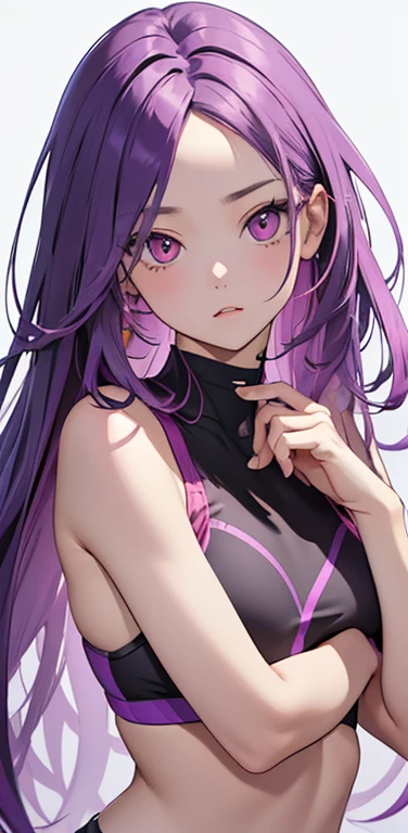 (8K、highest quality、masterpiece:1.2)、anime coloring、super resolution、Realistic、(1girl) 、(purple gradient hair)、long straight hair,(red eyes)、(forehead:1.2),(face focus,upper body),(sports bra,spats,)、(clear face:1.3),(cute face)、,small breasts,colorful gradient background