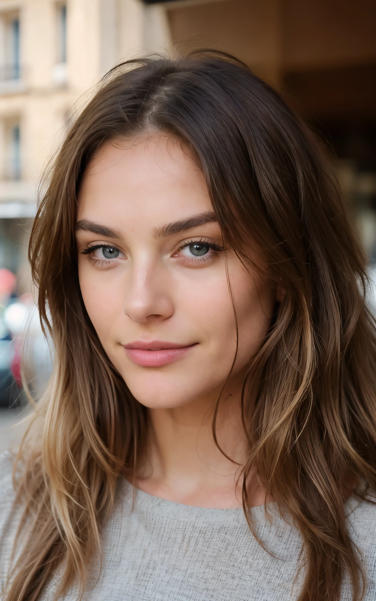 Belle brune aux reflets blonds portant un pull beige (in a café drinking soda), Very detailed, 22 ans, visage innocent, natural wavy hair, yeux bleus, wavy hair, High resolution, masterpiece, Best quality, intricate high detail, highly detailed, mise au point nette, detailed skin, realistic skin texture, texture, detailled eyes, professionnel, 4K, sourire charmant, filmed on Canon, 85 mm, faible profondeur de champ, Couleur Kodak Vision, perfect fit body, Extremely detailed, photographier_\(ultra\), photoreallistic, Realstic, Post-traitement, Maximum details, roughness, real life, ultra realist, photorealism, photographie, 8K UHD, photographie