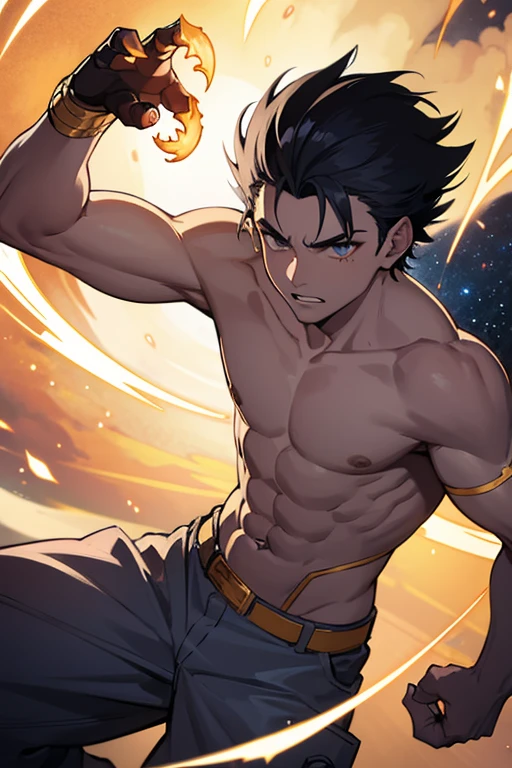 a boy with a claw in the hand, background galaxy, with a element power of wind, and claws are only on one hand