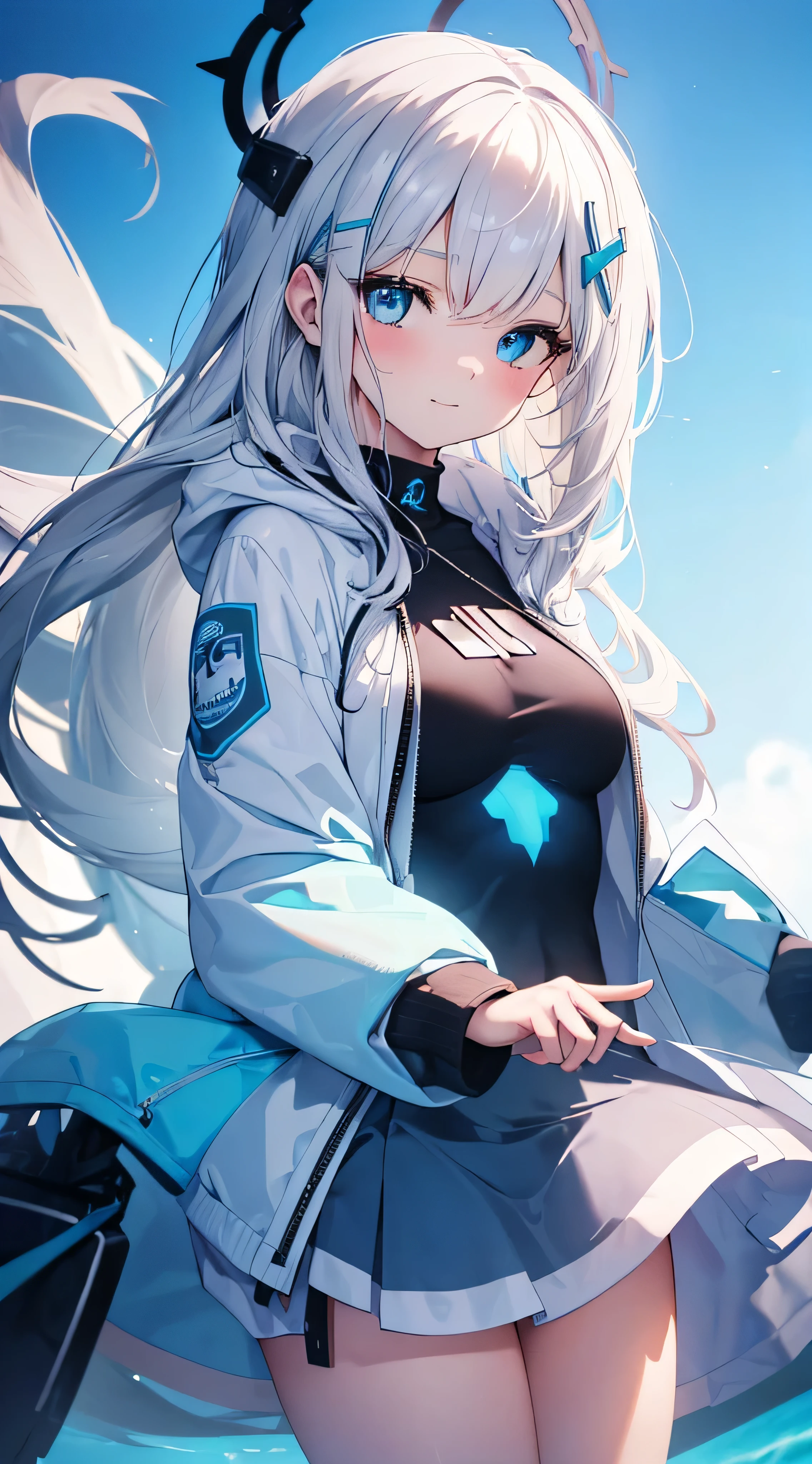 art by Cornflower, Masterpiece. shiroko model, dready (A  girl with beautiful detailed eyes, long hair, (white hair), bright  blue eye, (medium breast).(Young girl , cute girl). White hoodie. black hair Clip.The depth of field in the photo is perfect and the lens flare adds a nice touch. The fine details on her face really stand out, score because of this photo Definitely greater than 10. Smile 