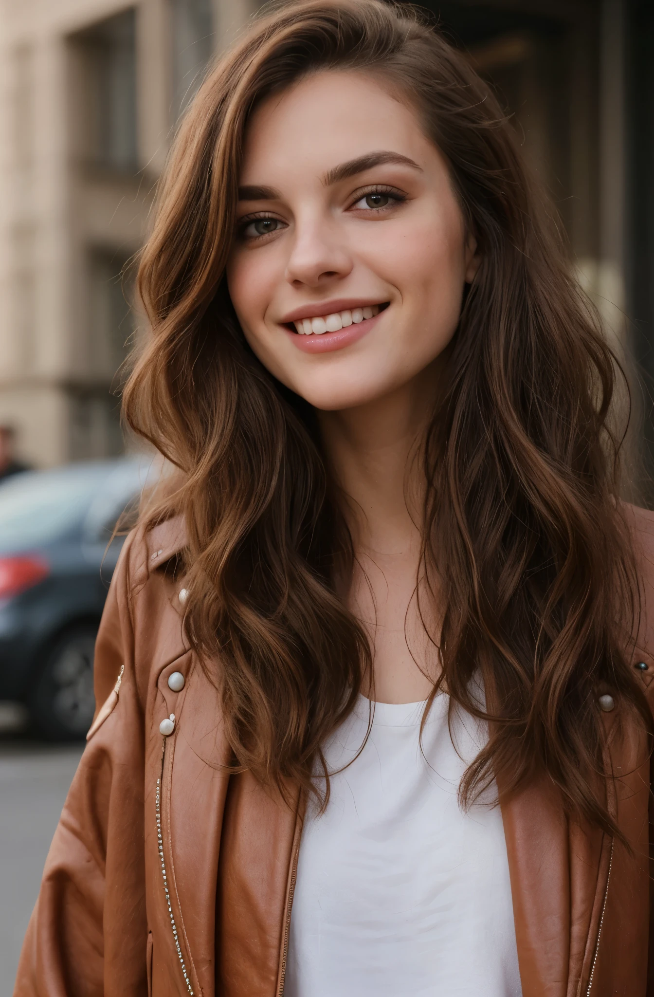 ((90's style)), ultra detailed photo of a beautiful woman with long hair, messy hair, wavy hair, brown hair, ultra detailed face, beautiful eyes with no makup, wearing leather jacket, cute sexy, standing in street, she smiled faintly and bowed her head, letting a lock of hair fall over one eye, deep shadows, rim light, warm natural colors, vivid vintage colors