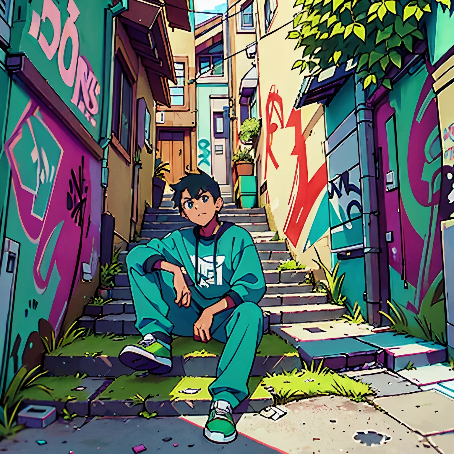 arafed man sitting on a set of stairs with graffiti on the walls, graffiti in the background, in an alley, green alleys, standing in an alleyway, taken in 2 0 2 0, clothed in ancient street wear, graffiti in background, street art:2, green alley, posing in an urban street, !! low contrast!!