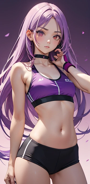 (8K、highest quality、masterpiece:1.2)、anime coloring、super resolution、Realistic、(1girl)  、(purple gradient hair)、long straight hair,(red eyes)、(forehead:1.2),(face focus,cowboy shot),(sports bra,spats,)、(clear face:1.3),(cute face)、,small breasts,colorful gradient background