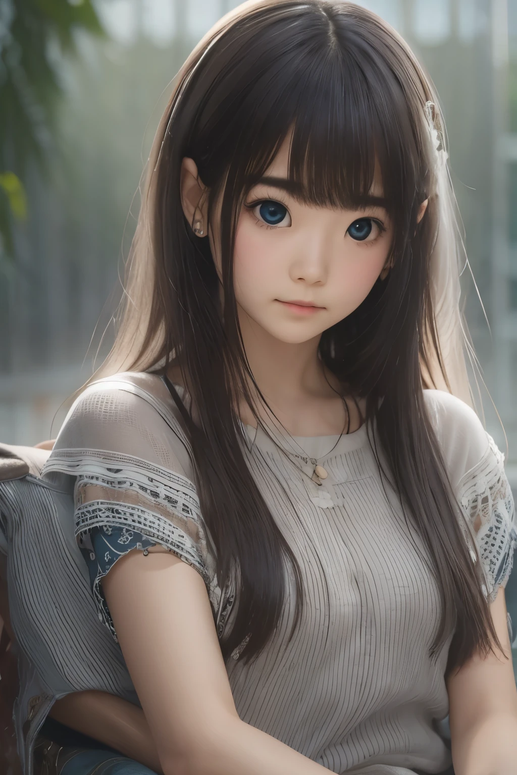 ((sfw: 1.4, detailed face)), (  black hair), Ultra High Resolution, (Realistic: 1.4), RAW Photo, Best Quality, (Photorealistic Stick), Focus, Soft Light, (()), ((Japanese)), (( (young face))), (surface), (depth of field), masterpiece, (realistic), woman, bangs, ((1 girl))