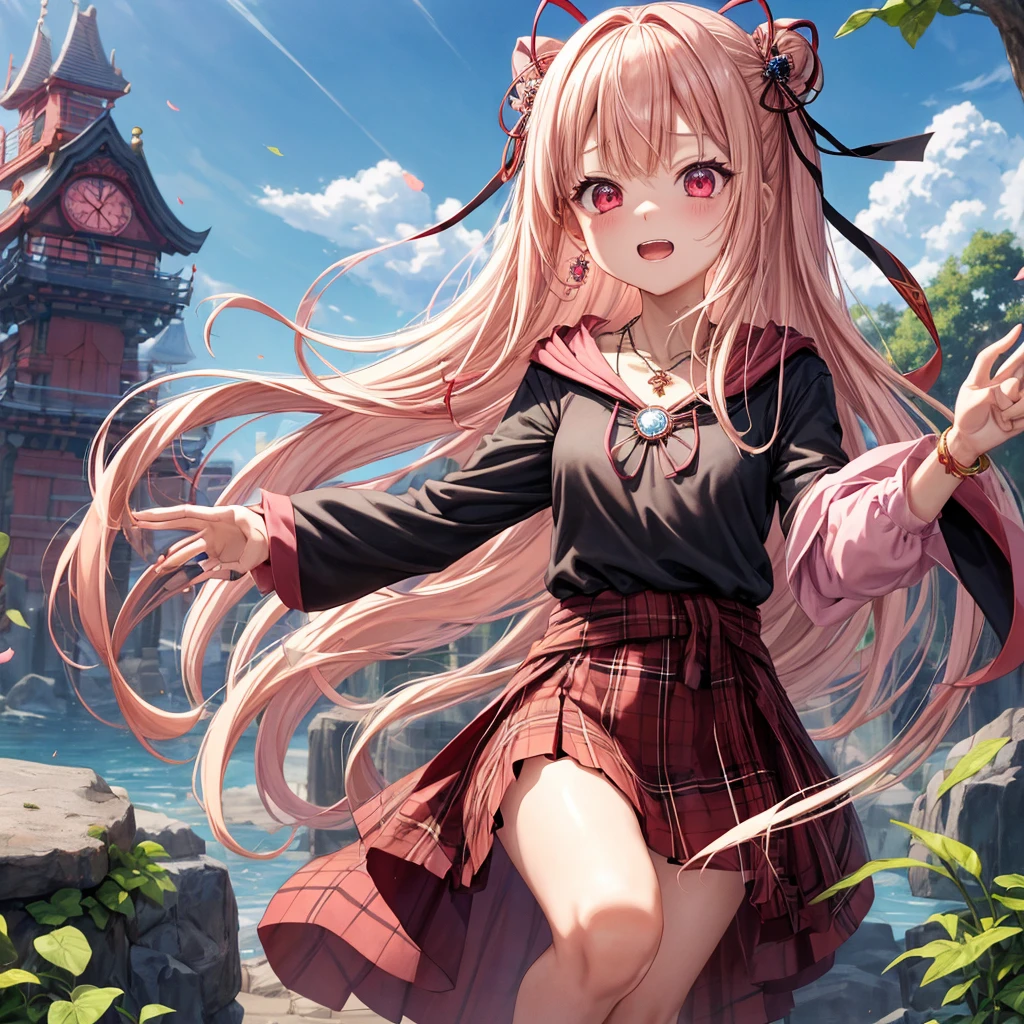 pink blonde、red eyes、one good looking girl、solo、anime、plaid mini skirt、black camisole、black t-shirt、dress、wearing a ribbon、ribbon at waist、cloak、hood、stone slabs are piled up、crystal earrings、monster castle、jewelry necklace、Light and shadow、walking、clock、universe、vine plant、petal、tilting one&#39;s face、teeth are visible、spiral stage、fire spirit、book of magic、Kinmokusei