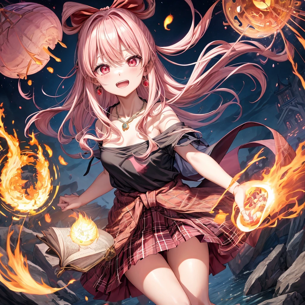 pink blonde、red eyes、one good looking girl、solo、anime、plaid mini skirt、black camisole、black t-shirt、dress、wearing a ribbon、ribbon at waist、cloak、hood、stone slabs are piled up、crystal earrings、monster castle、jewelry necklace、Light and shadow、walking、clock、universe、vine plant、petal、tilting one&#39;s face、teeth are visible、spiral stage、fire spirit、book of magic、Kinmokusei