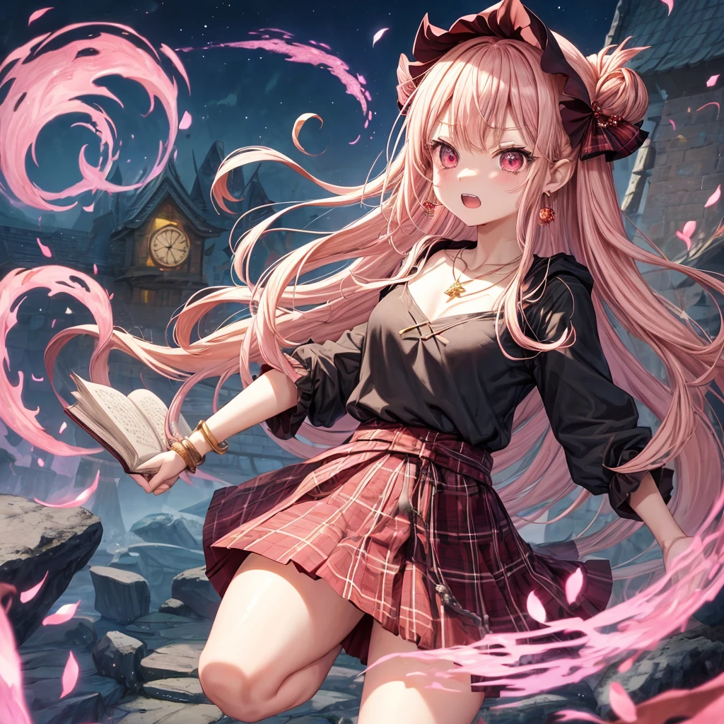 pink blonde、red eyes、one good looking girl、solo、anime、plaid mini skirt、black camisole、black t-shirt、dress、wearing a ribbon、ribbon at waist、cloak、hood、stone slabs are piled up、crystal earrings、monster castle、jewelry necklace、Light and shadow、walking、clock、universe、vine plant、petal、tilting one's face、teeth are visible、spiral stage、fire spirit、book of magic、Kinmokusei