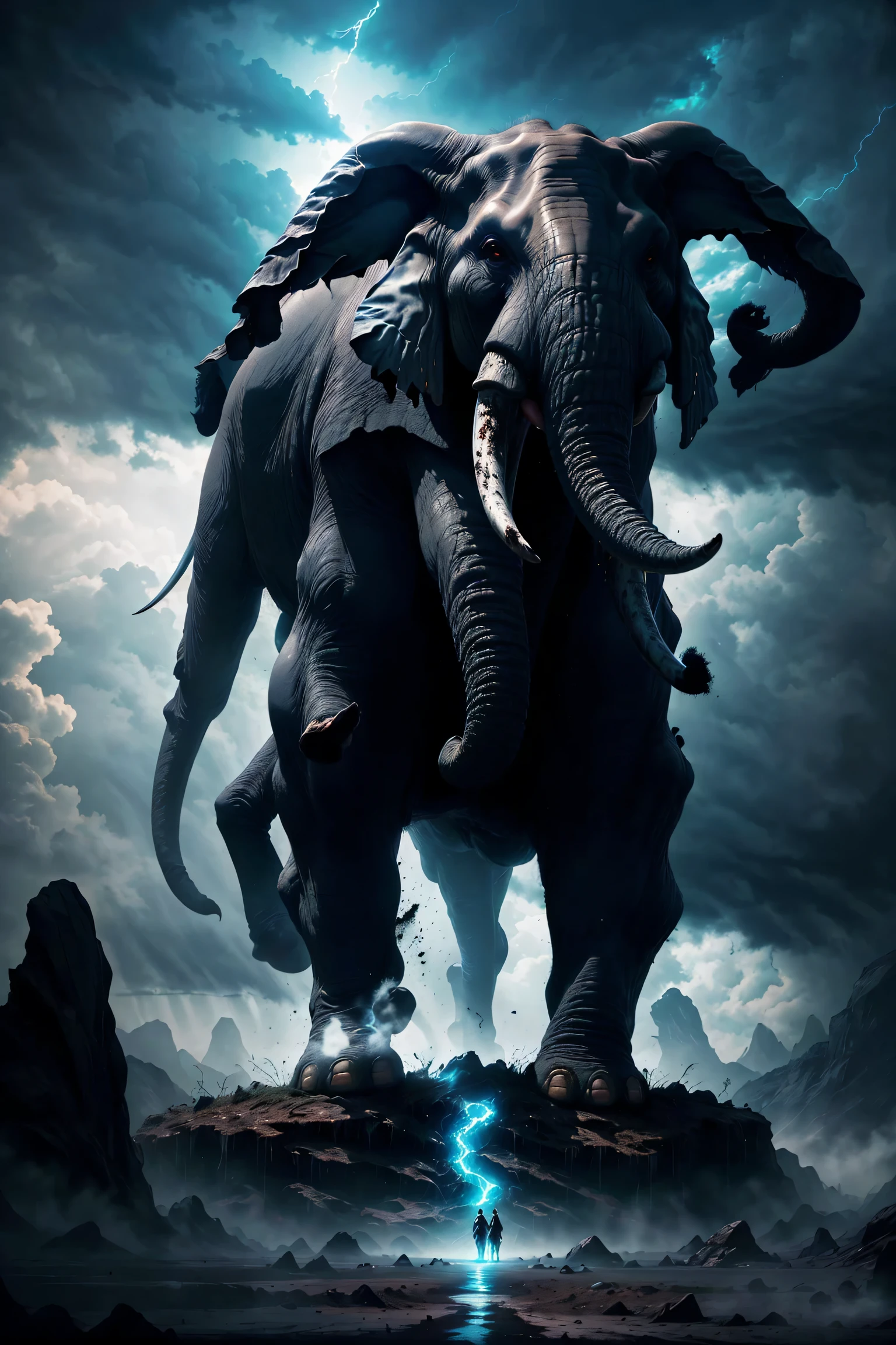 giant elephant , the majestic earth elemental emerges from the muddy ground, , epic landscape, creepy, ((wind effect)),thunder storm background,(mythical atmosphere),light is penetrating through clouds, magnificent clouds, blue theme, epic palace, in another planet, extraordinary and visually striking work of art, high angle, cinematic lighting, cinematic,