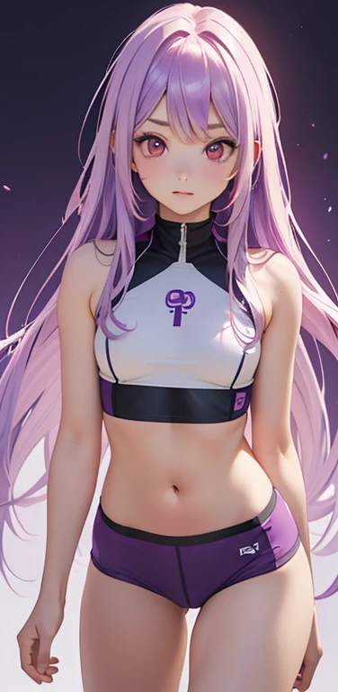 (8K、highest quality、masterpiece:1.2)、anime coloring、super resolution、Realistic、(1girl)  、(purple gradient hair)、long straight hair,(red eyes)、(forehead:1.2),(face focus,cowboy shot),(white sports bra,white spats,)、(clear face:1.3),(cute face)、,small breasts,colorful gradient background