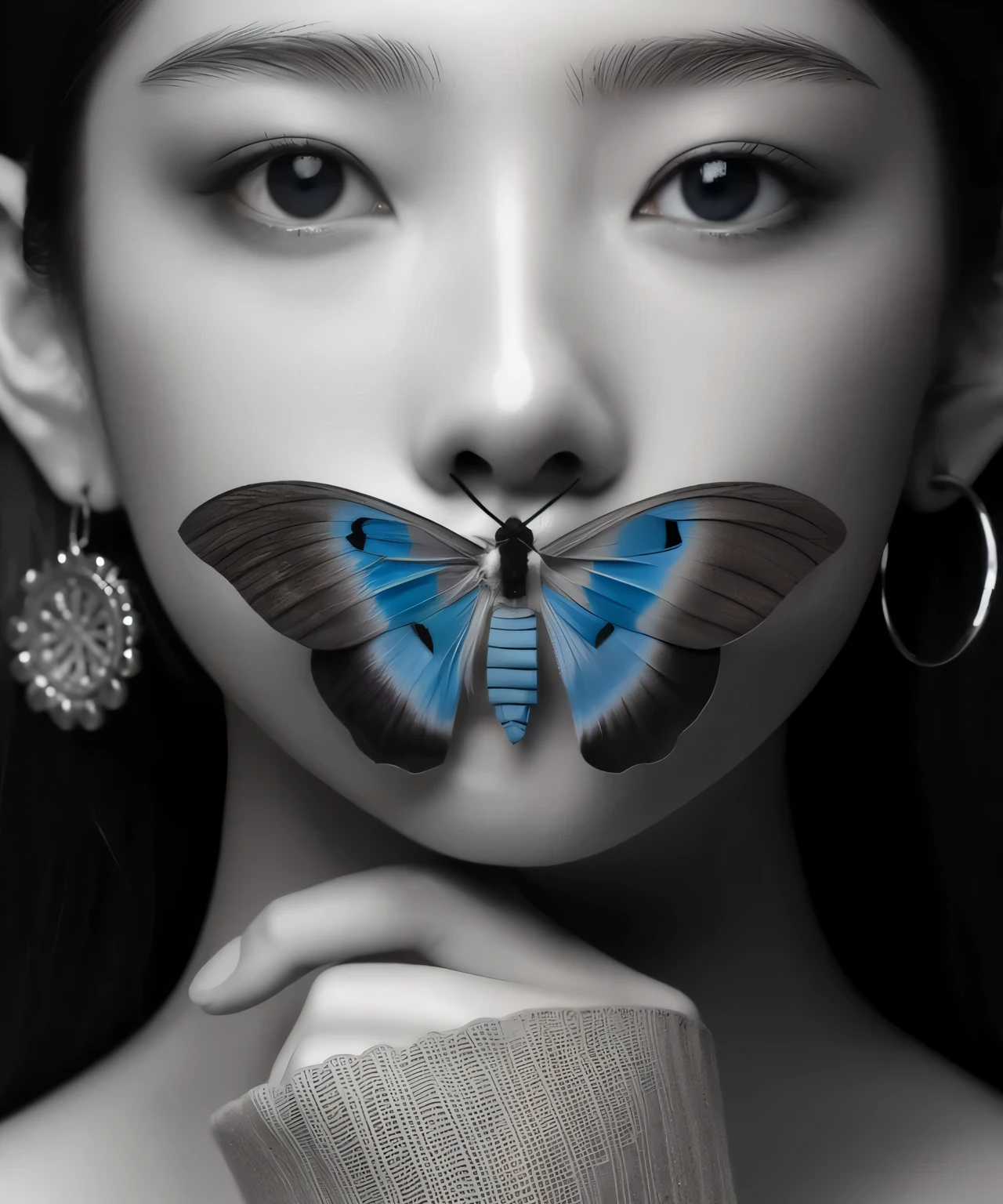 a close up of a woman with a butterfly on her nose, Amy Judd, Flora Borsi, wonderful, half-woman half-butterfly, Beautiful artwork illustration, beautiful digital artwork, Jinna Chan, chinese blue eyes, butterfly, inspired by Ryohei Hase, symmetrical azure eyes, by Ryohei Hase, In the early stages, Beauty of bilateral symmetry