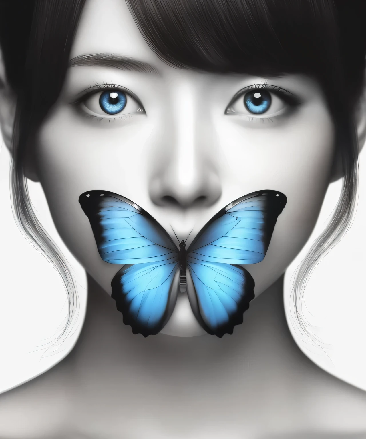 a close up of a woman with a butterfly on her nose, Amy Judd, Flora Borsi, wonderful, half-woman half-butterfly, Beautiful artwork illustration, beautiful digital artwork, Jinna Chan, chinese blue eyes, butterfly, inspired by Ryohei Hase, symmetrical azure eyes, by Ryohei Hase, In the early stages, Beauty of bilateral symmetry