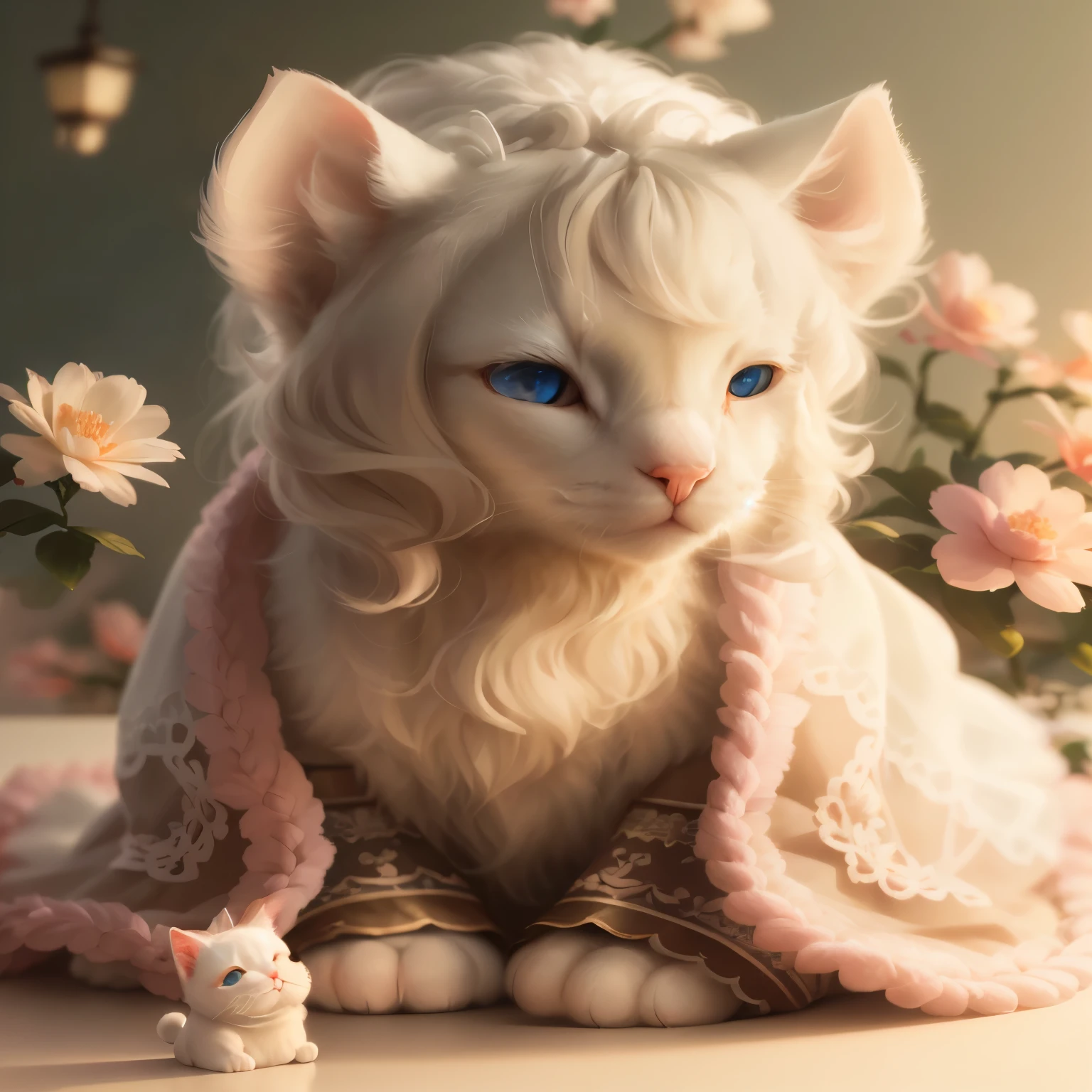 A white cat with blue eyes sits on the table, adorable number, 🌺 CG society, Lovely and detailed digital art, loish and wop, soft number, soft portrait, Very very beautiful furry art, inspired by WLOP, Detailed soft painting, kawaii realistic portrait, low detail. number, Complex WLOP, Soft 3D rendering
