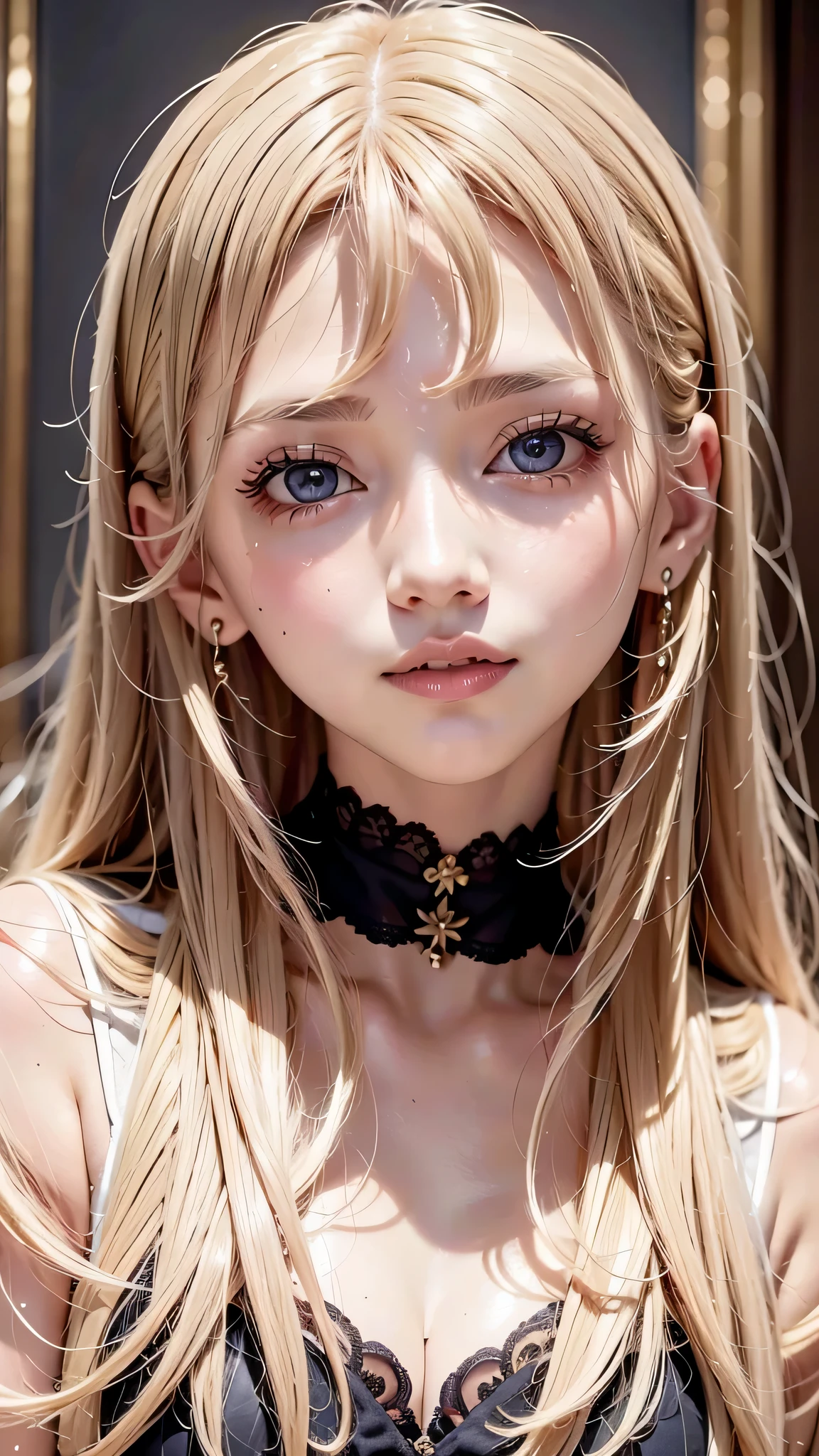 Beautiful white and shining skin、Blonde hair color that changes color depending on the light、long bangs between the eyes that obstruct vision、Highlights on the cheeks、Sexy and very beautiful lovely gorgeous face、the most beautiful face in the world、Super long gorgeous spare blonde hair、smooth straight hair、medium breasts、big and bright eyes、beautiful bangs、beautiful and cute girl、small face beauty、cheek gloss highlight