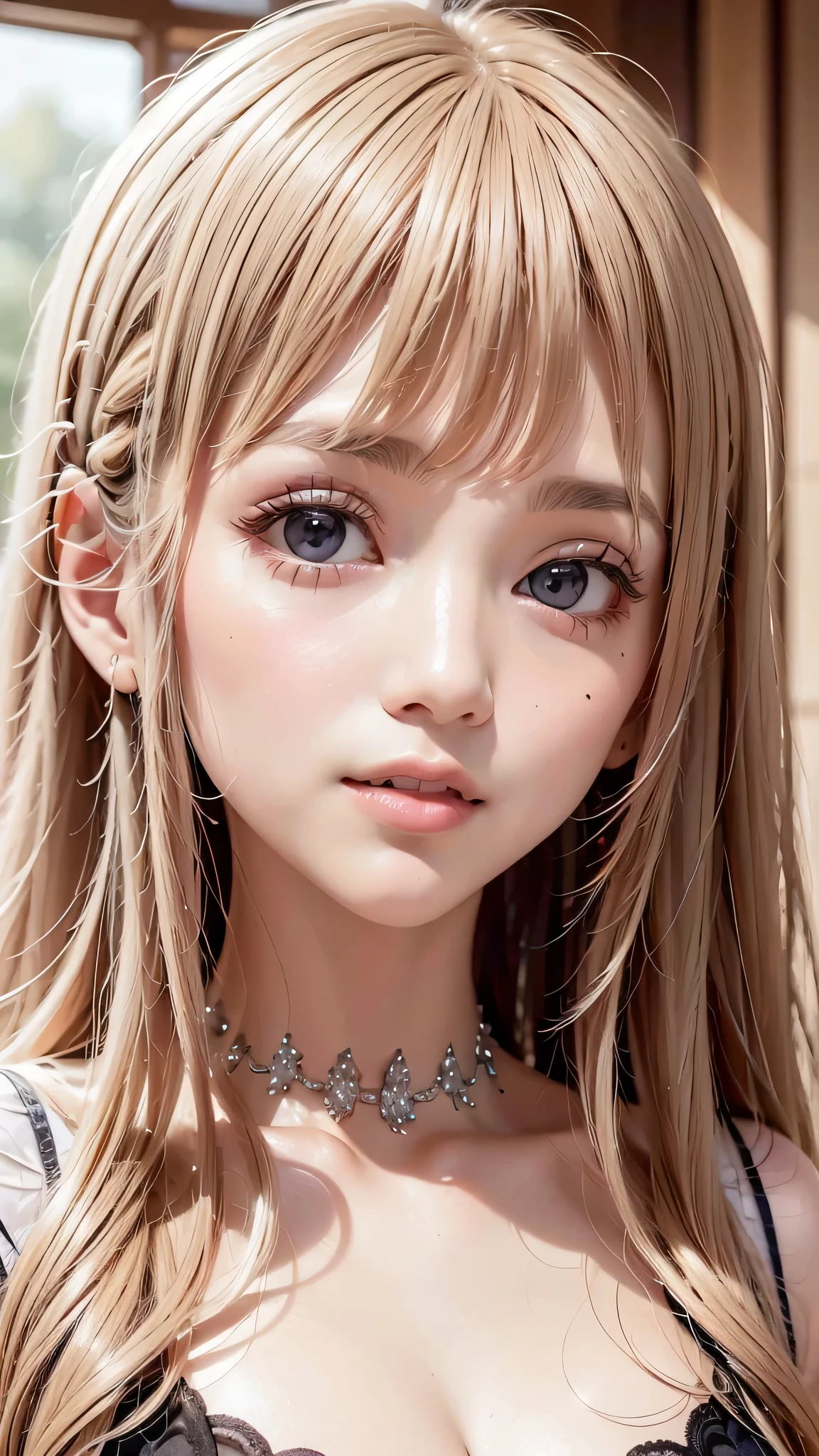 Beautiful white and shining skin、Blonde hair color that changes color depending on the light、long bangs between the eyes that obstruct vision、Highlights on the cheeks、Sexy and very beautiful lovely gorgeous face、the most beautiful face in the world、Super long gorgeous spare blonde hair、smooth straight hair、medium breasts、big and bright eyes、beautiful bangs、beautiful and cute girl、small face beauty、cheek gloss highlight
