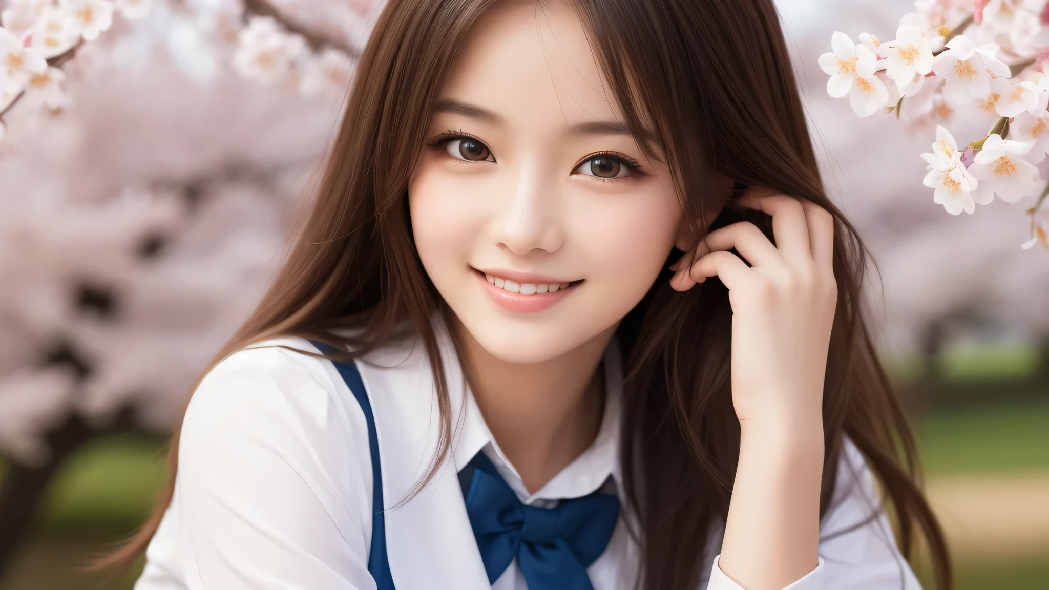 (1 girl), incredibly beautiful face, very attractive, enchanting smile, look at me, (school uniform, mini skirt:1.2), (highest quality: 1.4), (Super detailed), (highest quality:1.4), (super detailed), evening, very high resolution, (Upper body), close up face, cherry blossoms,
